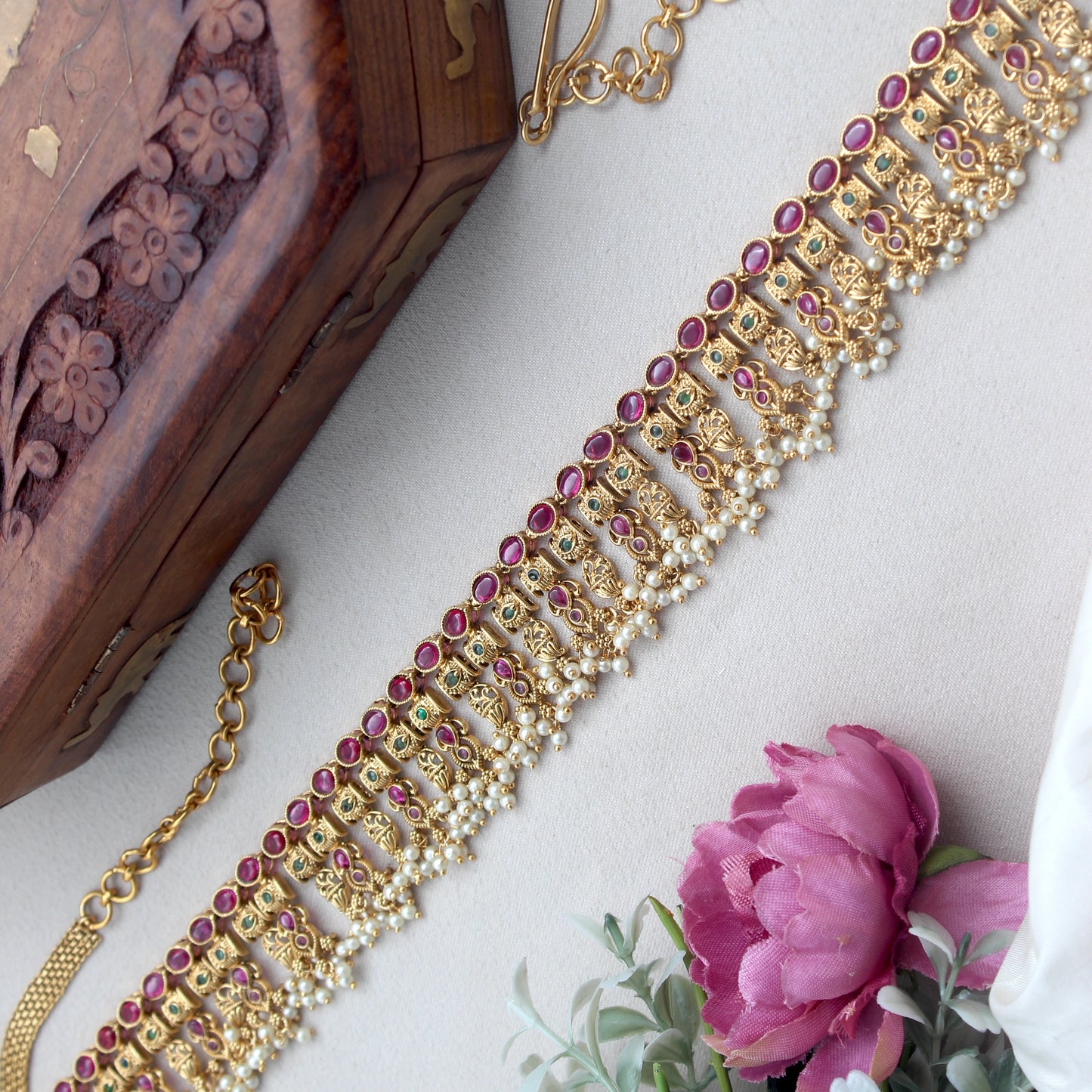 Antique Gold Premium Kemp Guttapusalu Style Bridal Hip Chain/Oddiyanam