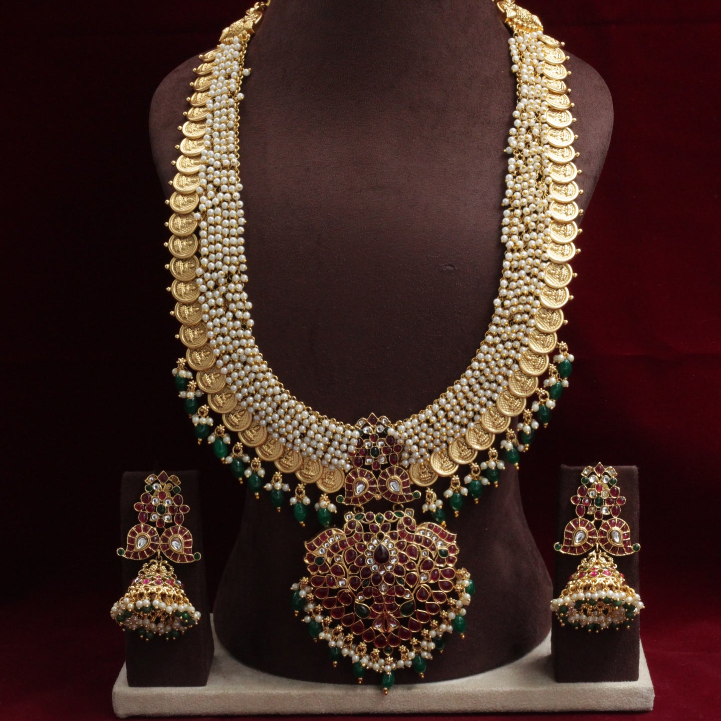 Gold Look Lakshmi Coin Pearl Bunch Kemp Bridal Haaram