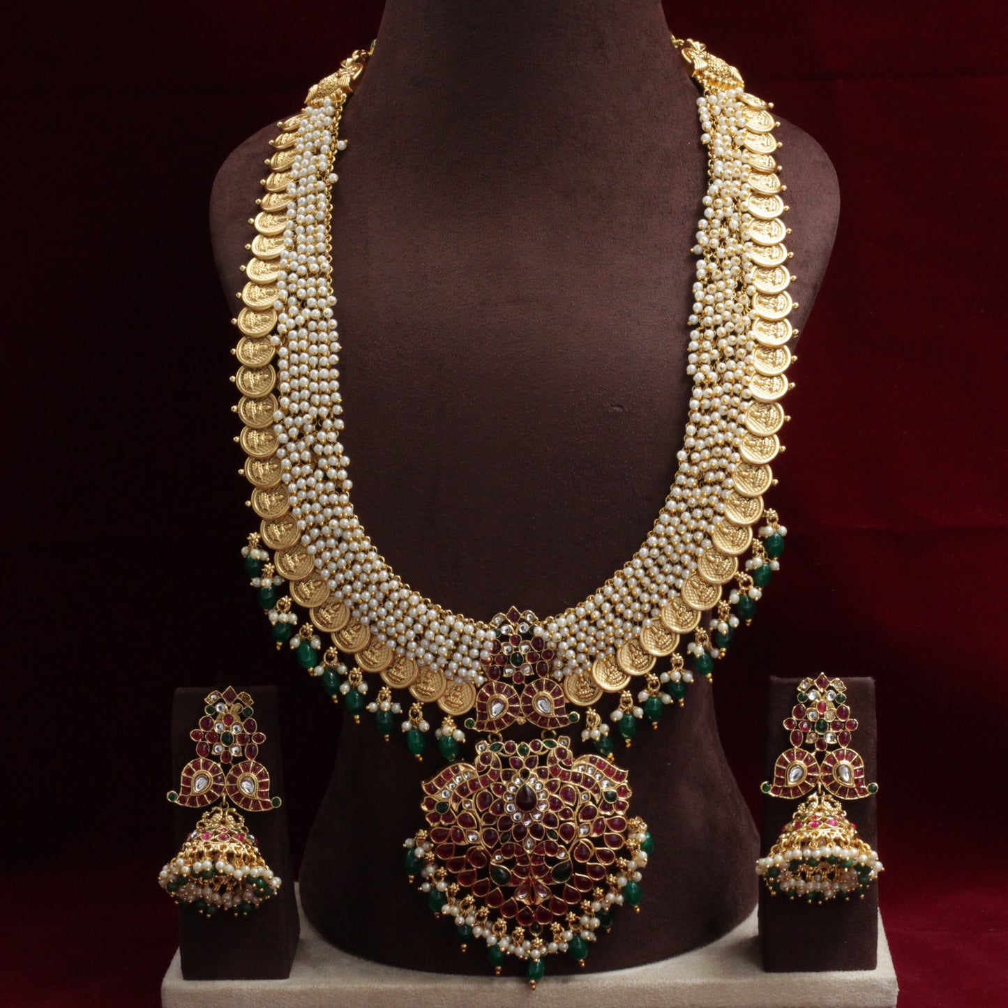 Gold Look Lakshmi Coin Pearl Bunch Kemp Bridal Haaram