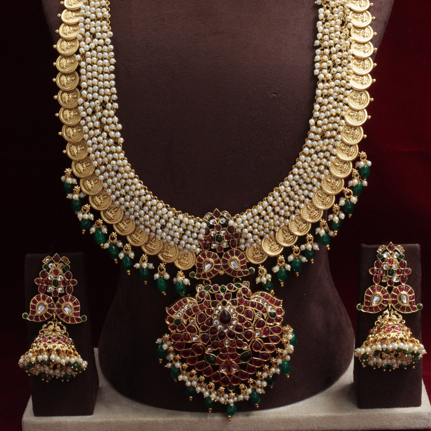 Gold Look Lakshmi Coin Pearl Bunch Kemp Bridal Haaram