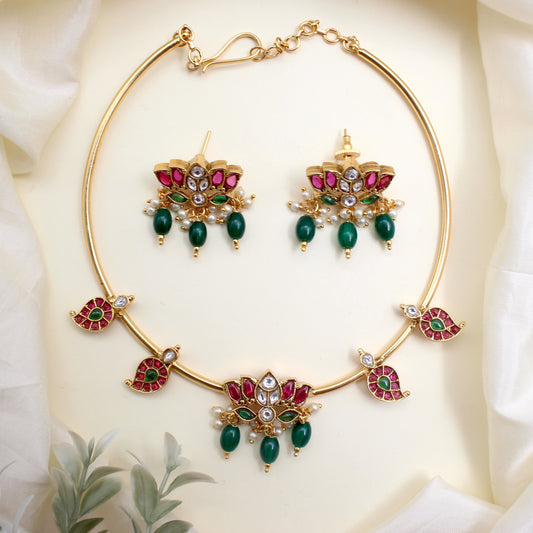 Premium Kemp Kundan Lotus Mango Hasli Necklace Set