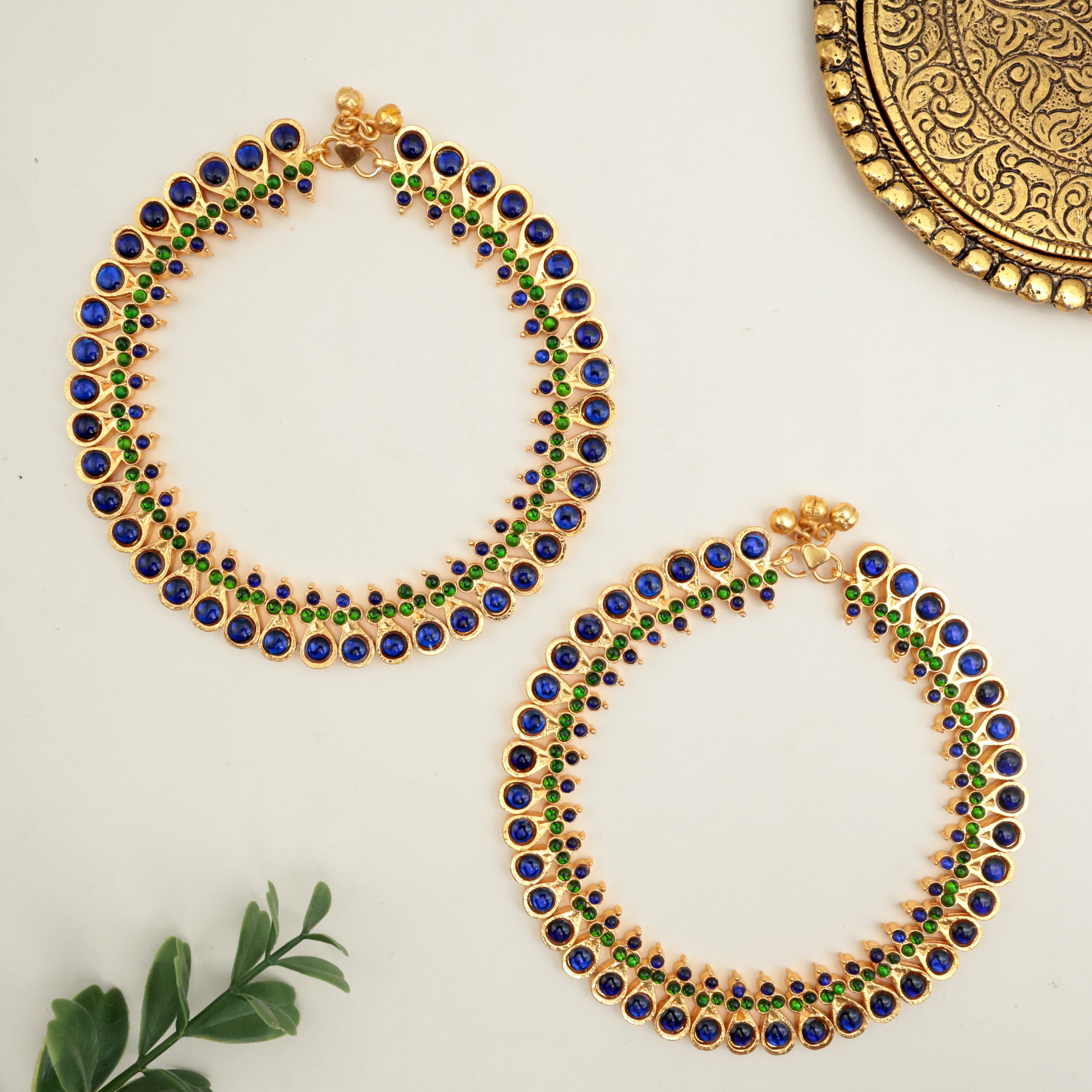 Gold Polish Kemp Tilak Drops Anklets - Blue & Green