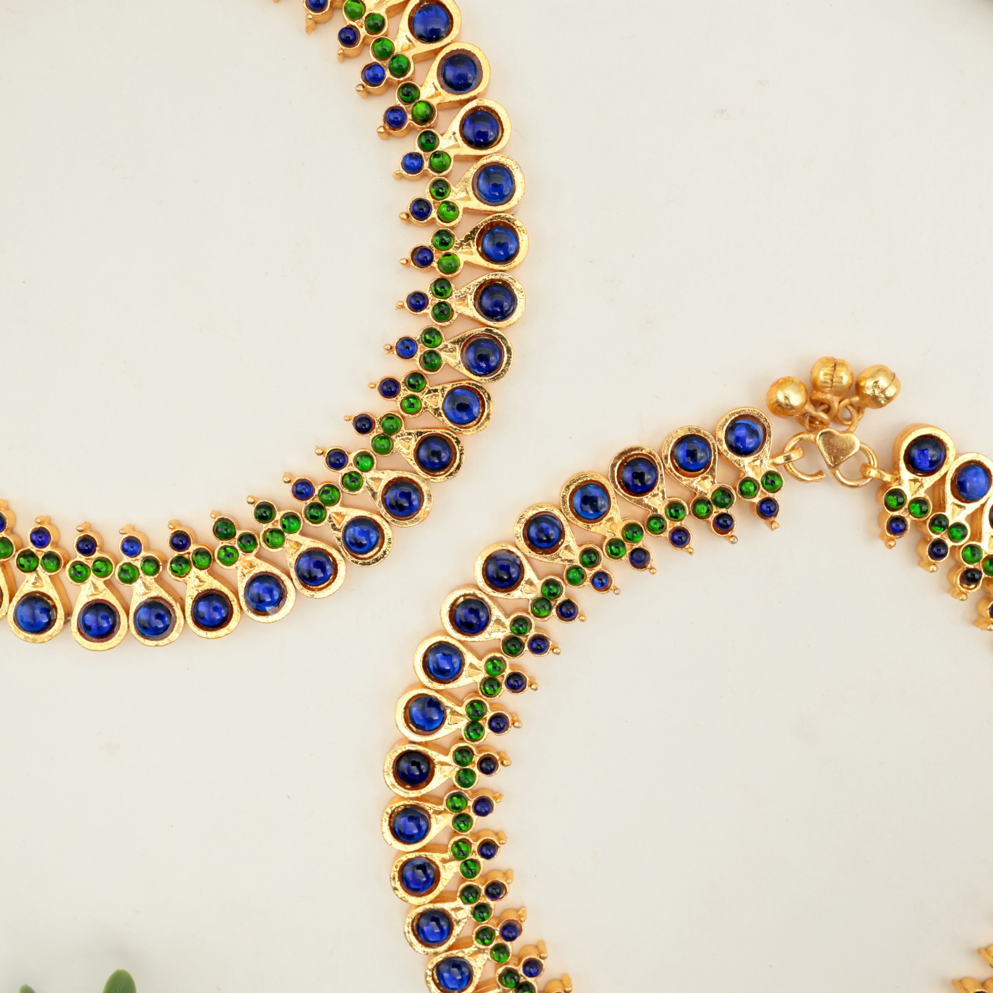 Gold Polish Kemp Tilak Drops Anklets - Blue & Green
