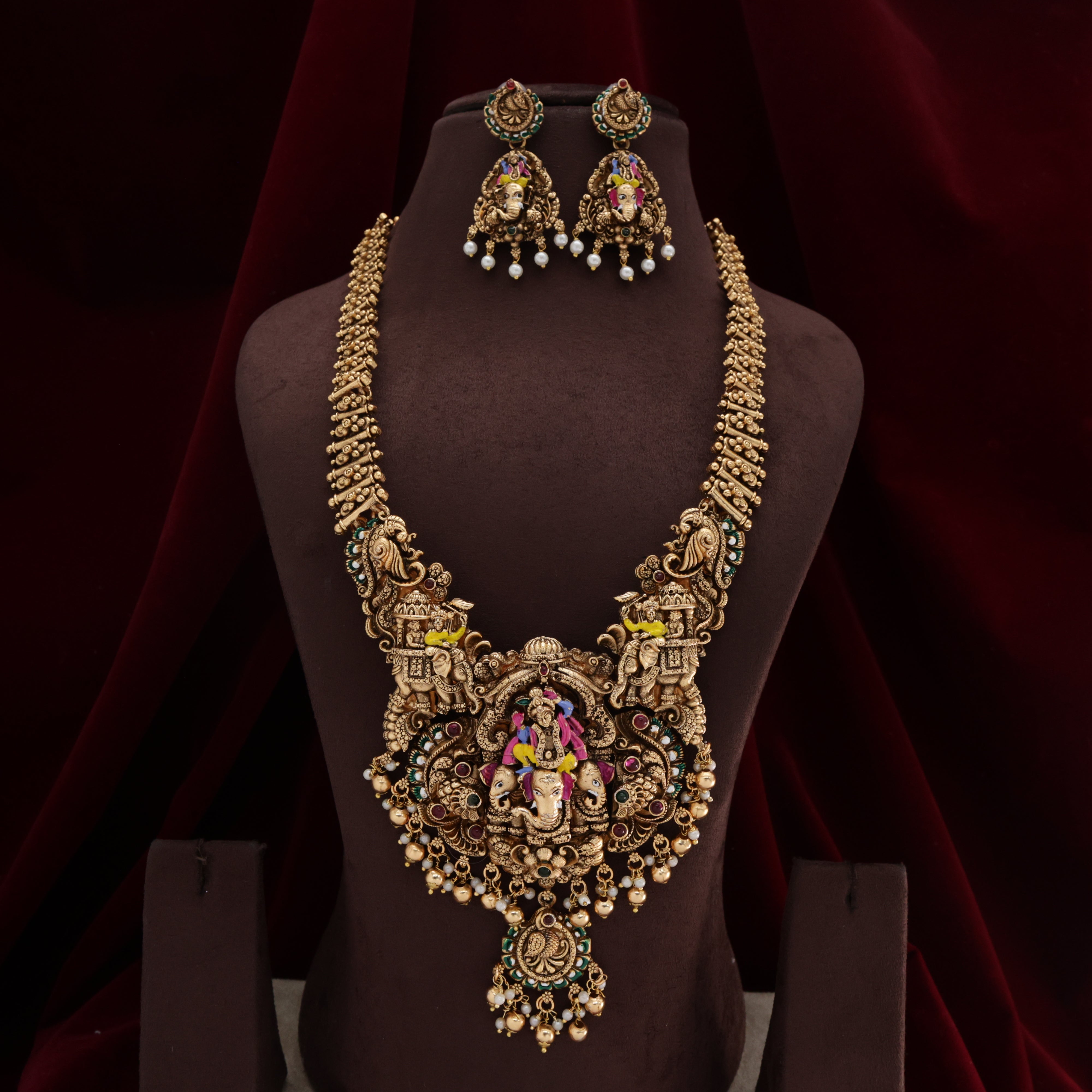 Budget Friendly Antique Nagas Meena Work Krishna on Elephant Bridal Haaram Set