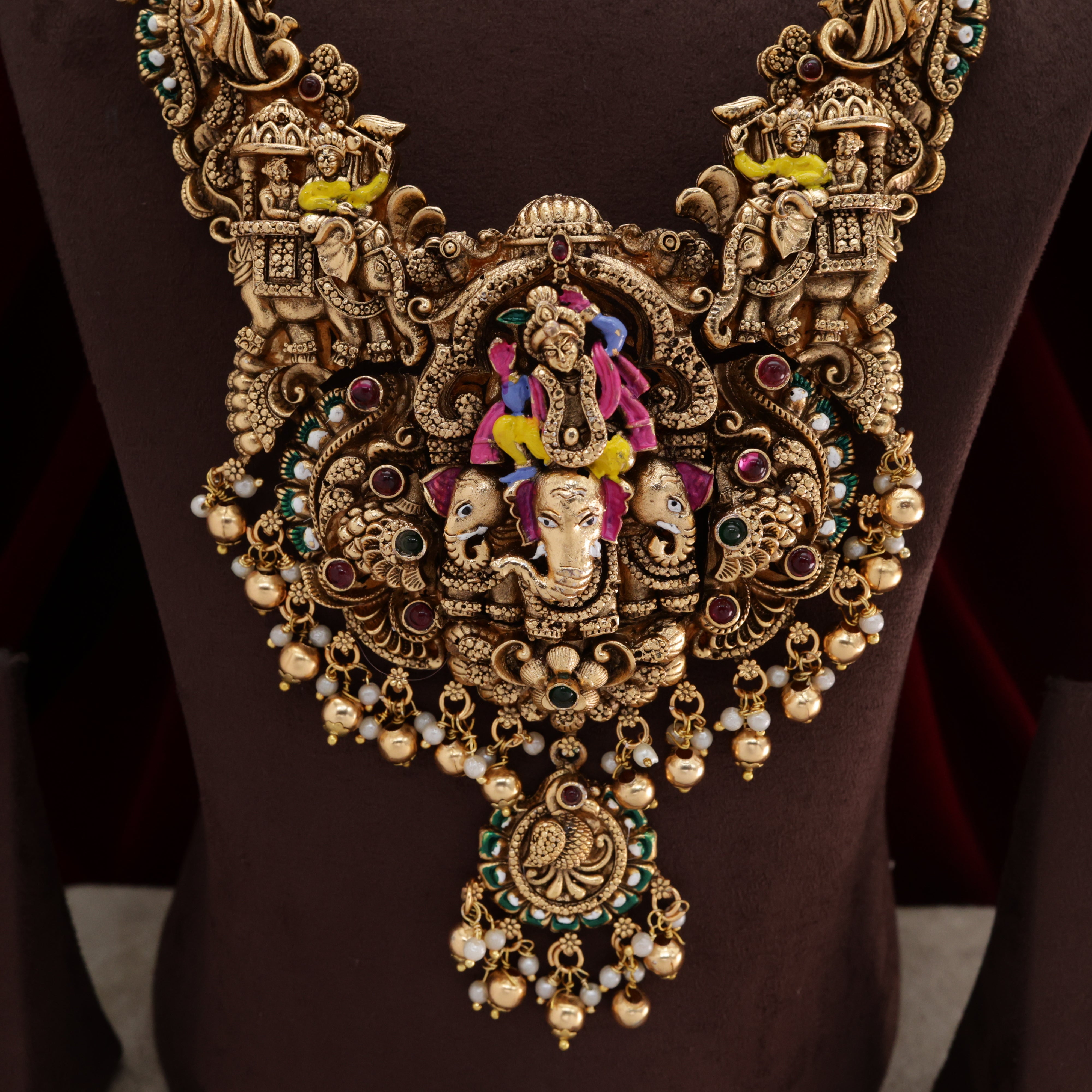 Budget Friendly Antique Nagas Meena Work Krishna on Elephant Bridal Haaram Set