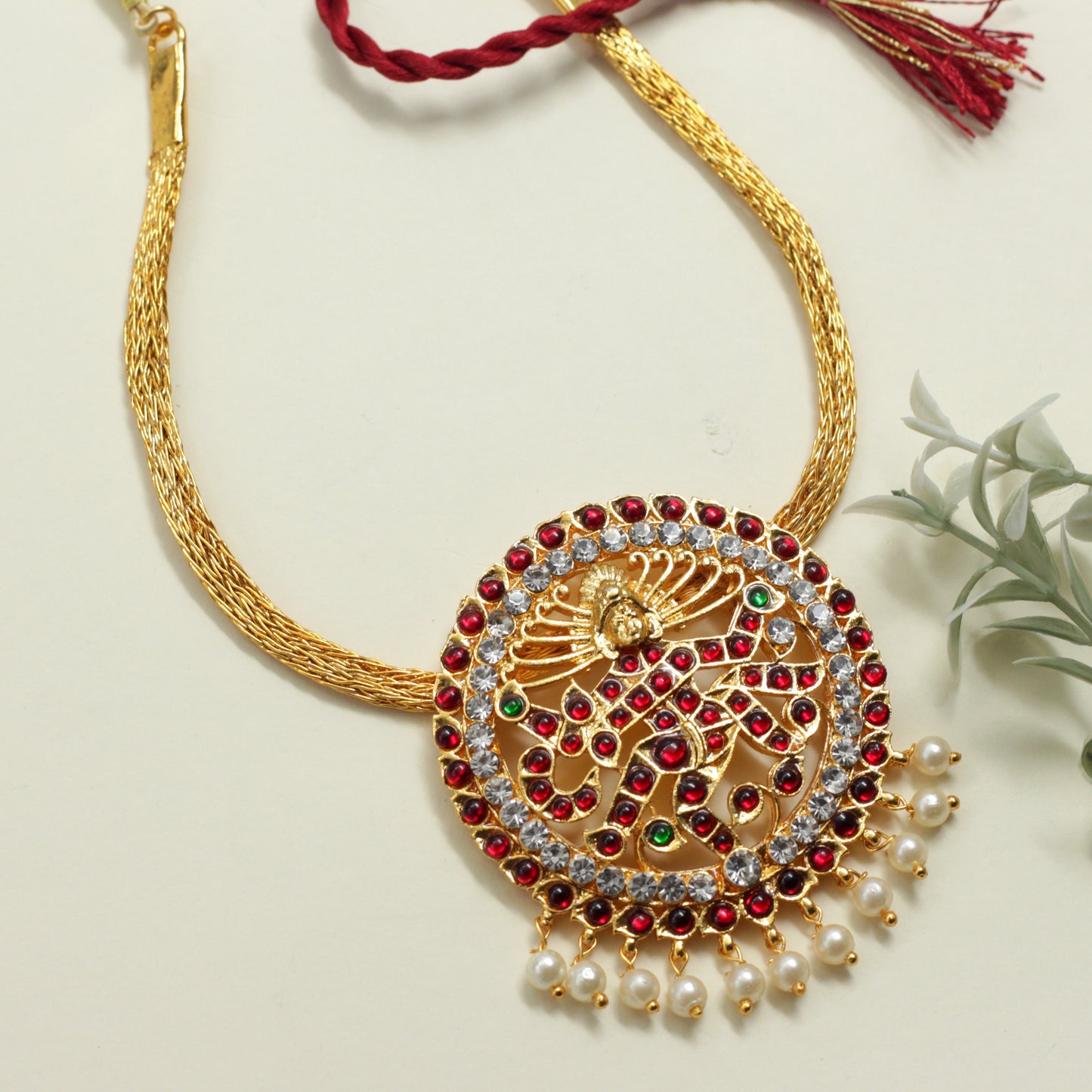 Traditional Kemp Nataraja Rakodi Pendant Attigai Necklace