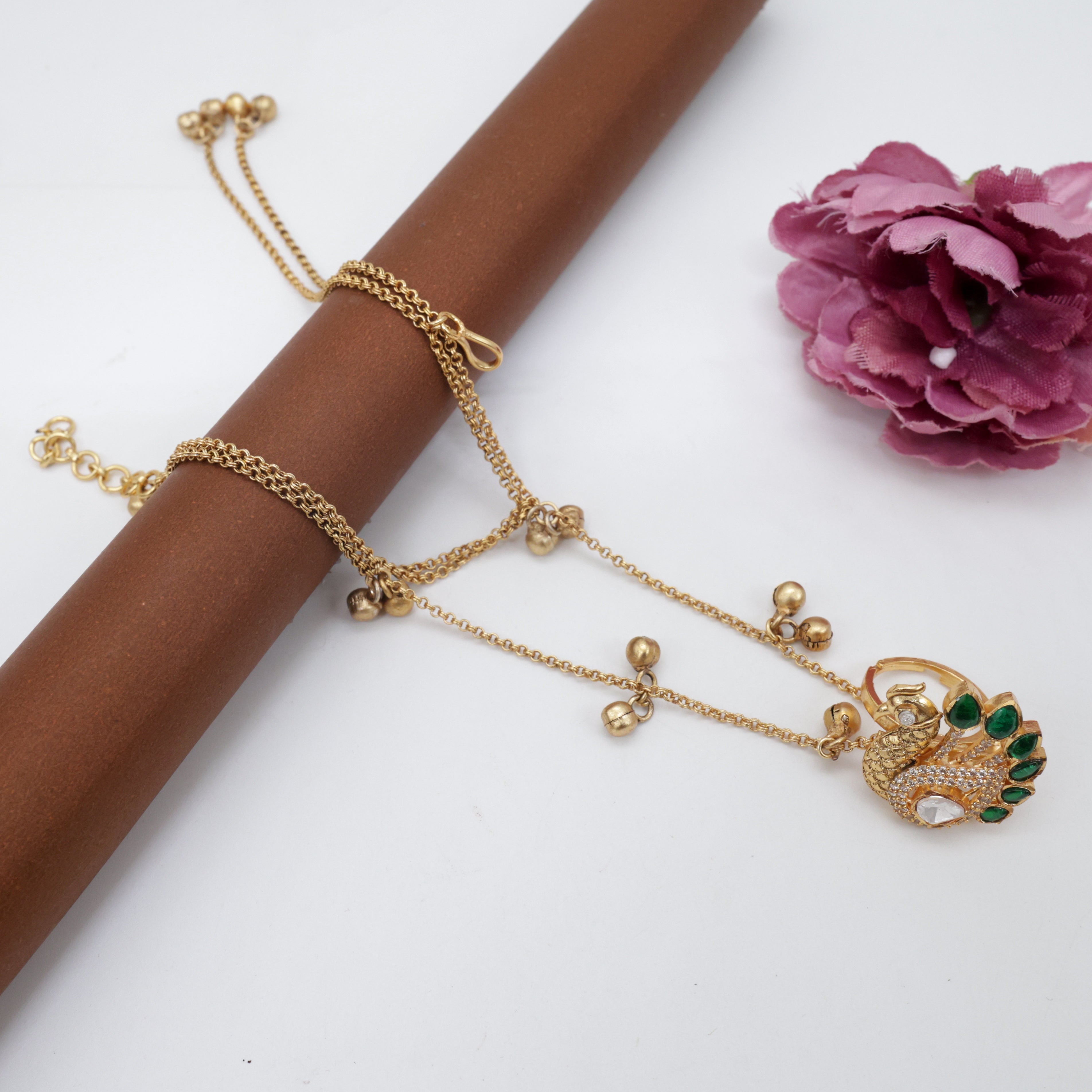 Antique Jadau Kundan Premium Peacock Bridal Adjustable Finger Ring Hath Phool