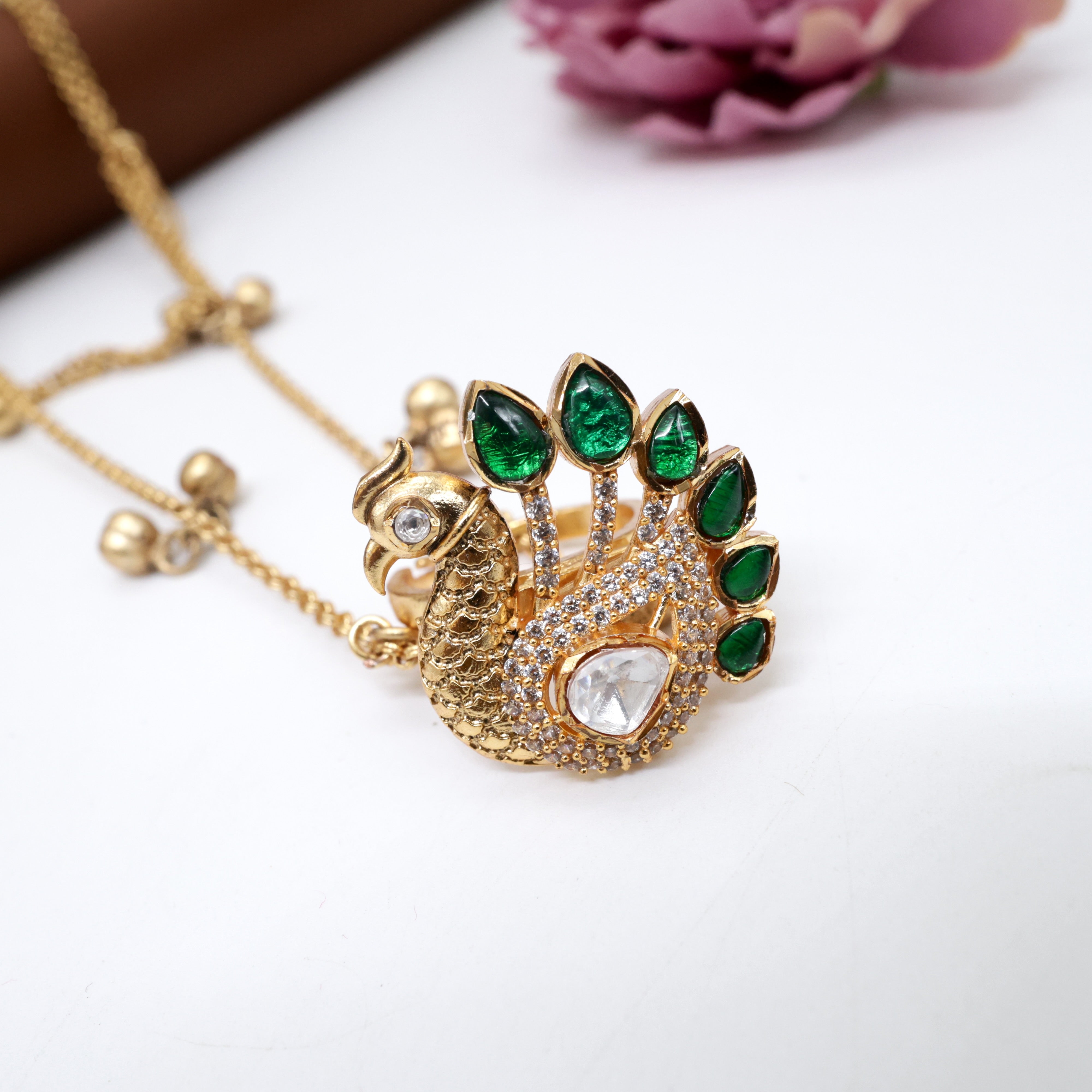 Antique Jadau Kundan Premium Peacock Bridal Adjustable Finger Ring Hath Phool