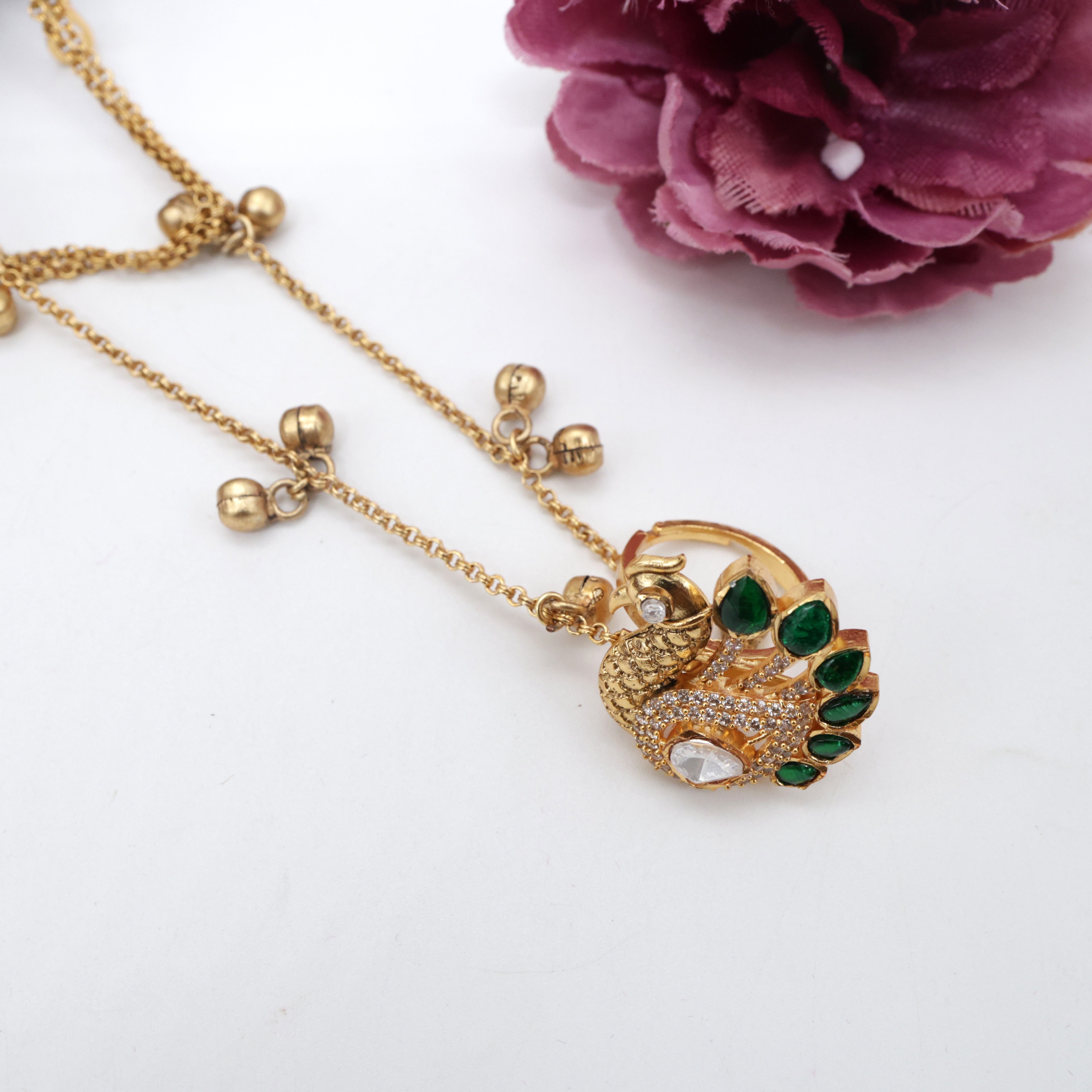 Antique Jadau Kundan Premium Peacock Bridal Adjustable Finger Ring Hath Phool