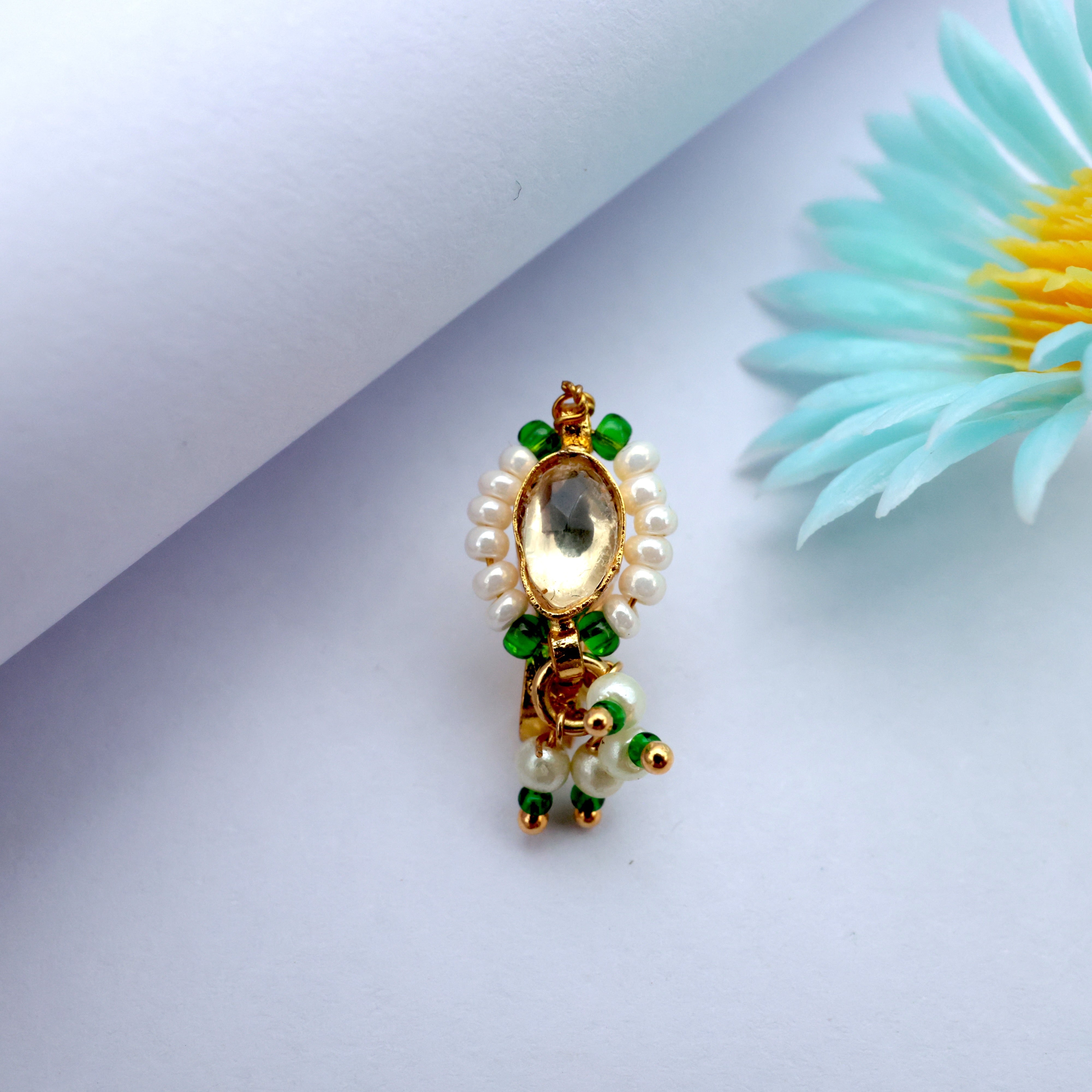 Pachi Kindan Oval Stone Pearl Outline Bridal Clip On Nath/Nose Pin
