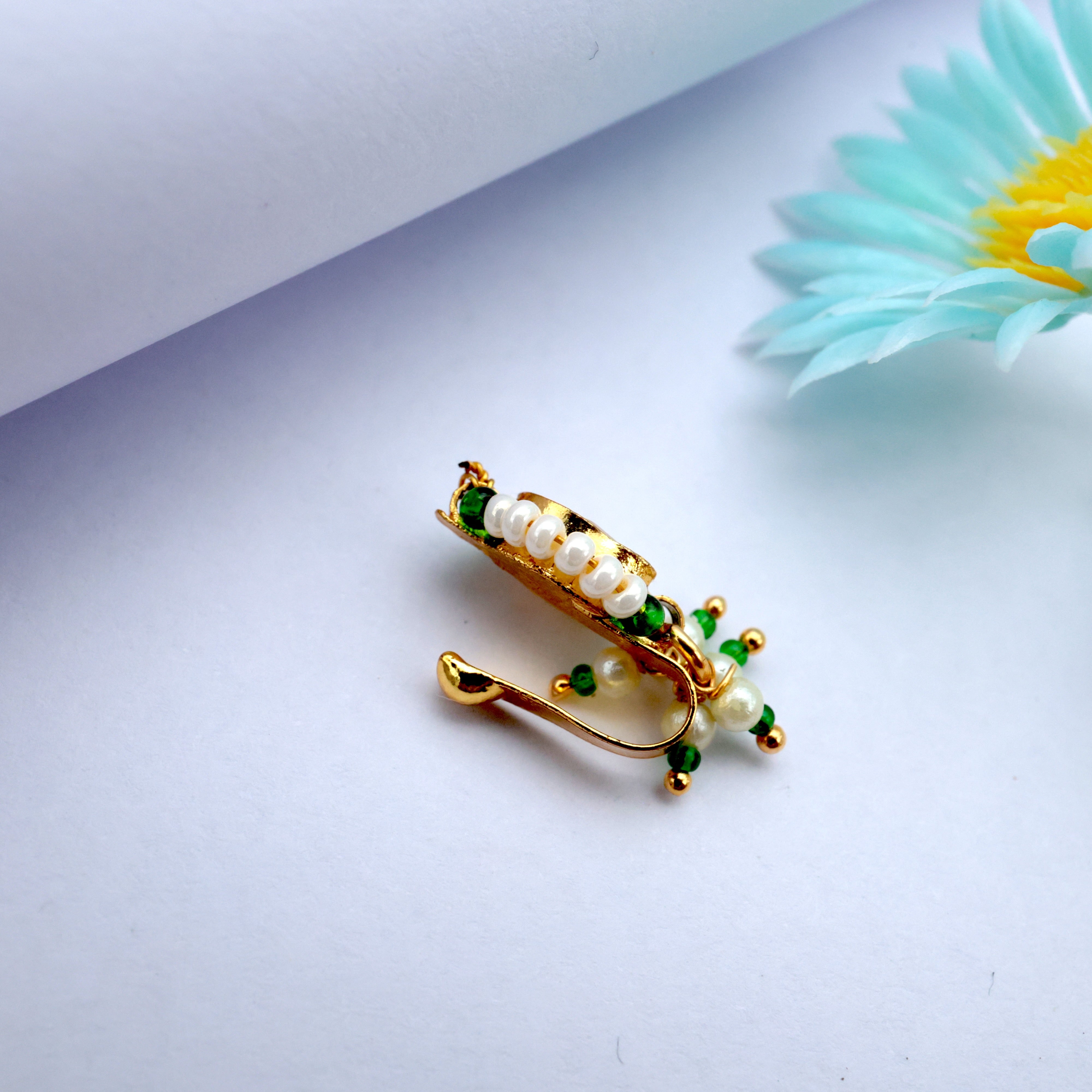 Pachi Kindan Oval Stone Pearl Outline Bridal Clip On Nath/Nose Pin
