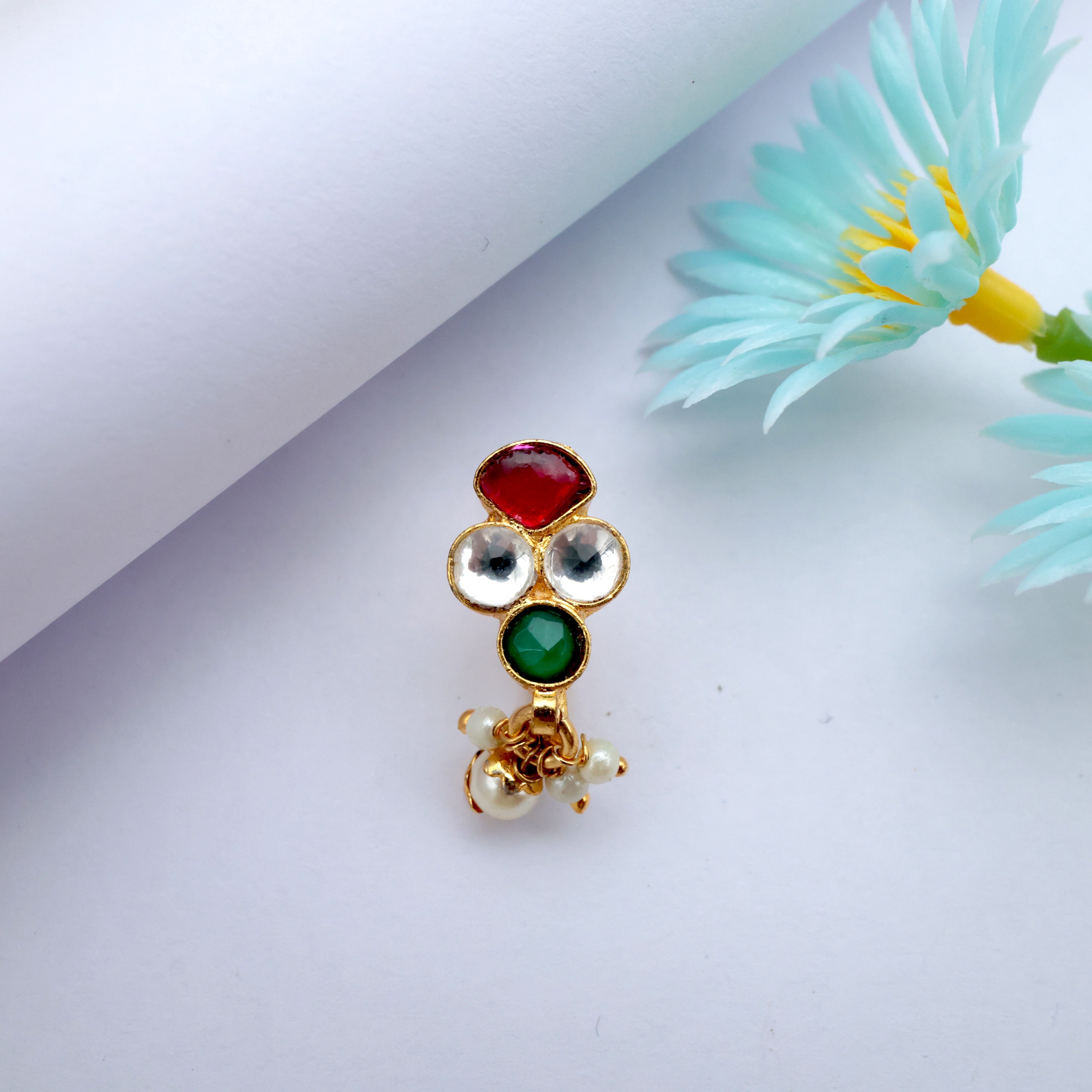 Pemium Pachi Kundan 4 Dots Bridal Clip On Nose Pin