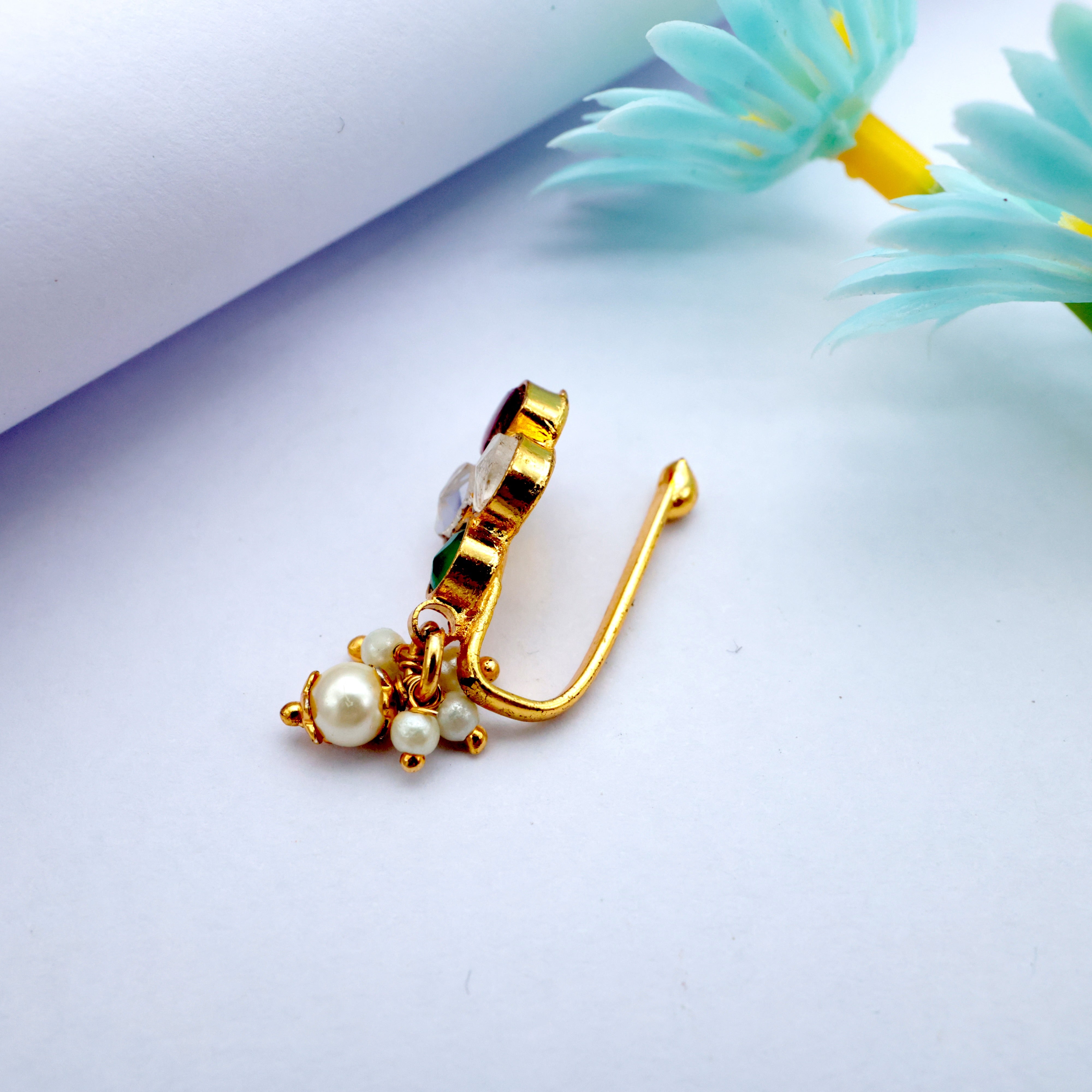 Pemium Pachi Kundan 4 Dots Bridal Clip On Nose Pin