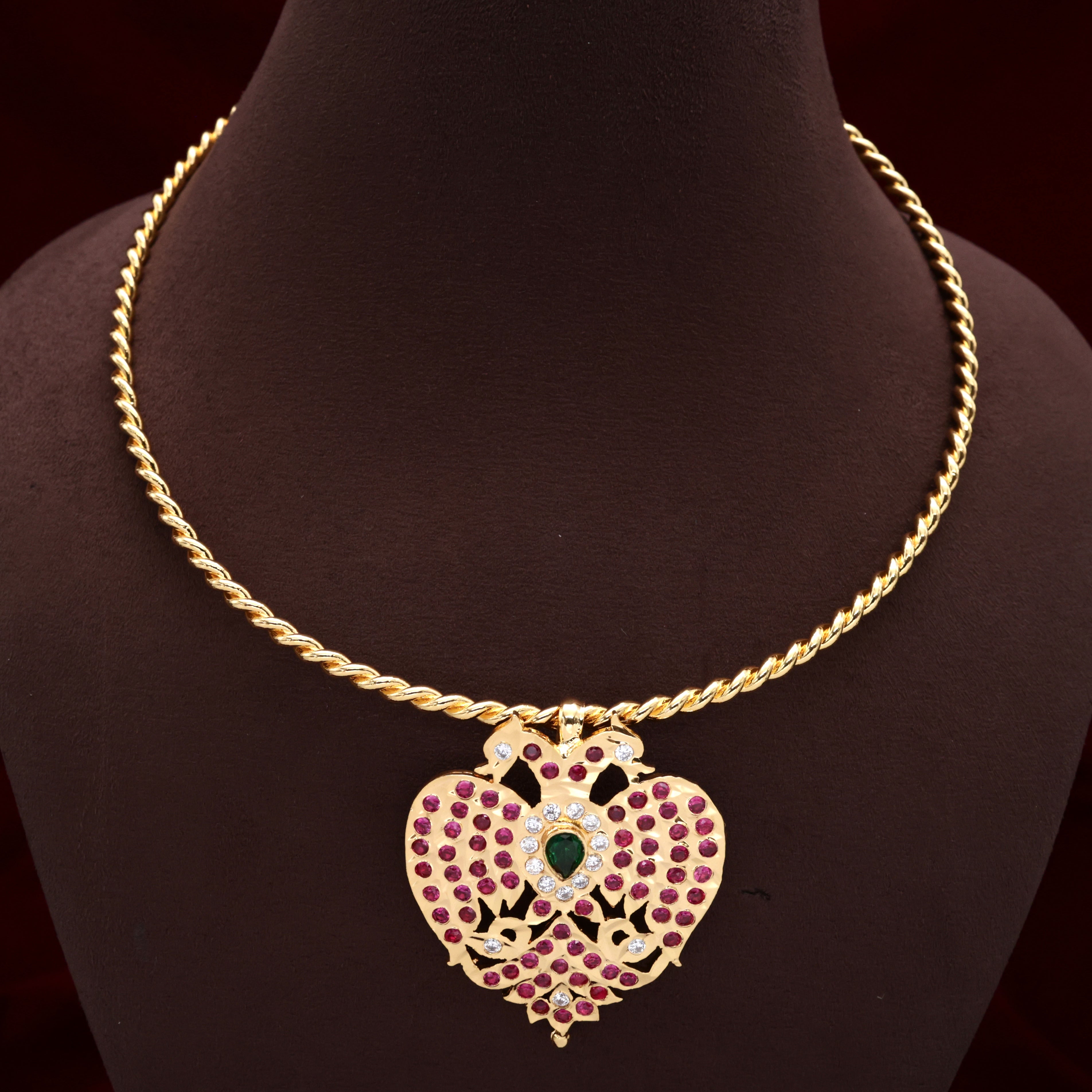 REAL GOLD LOOK IMPON DETACHABLE MULTI STYLE GANDABERUNDA PENDANT HASLI NECKLACE - Ruby, White & Green