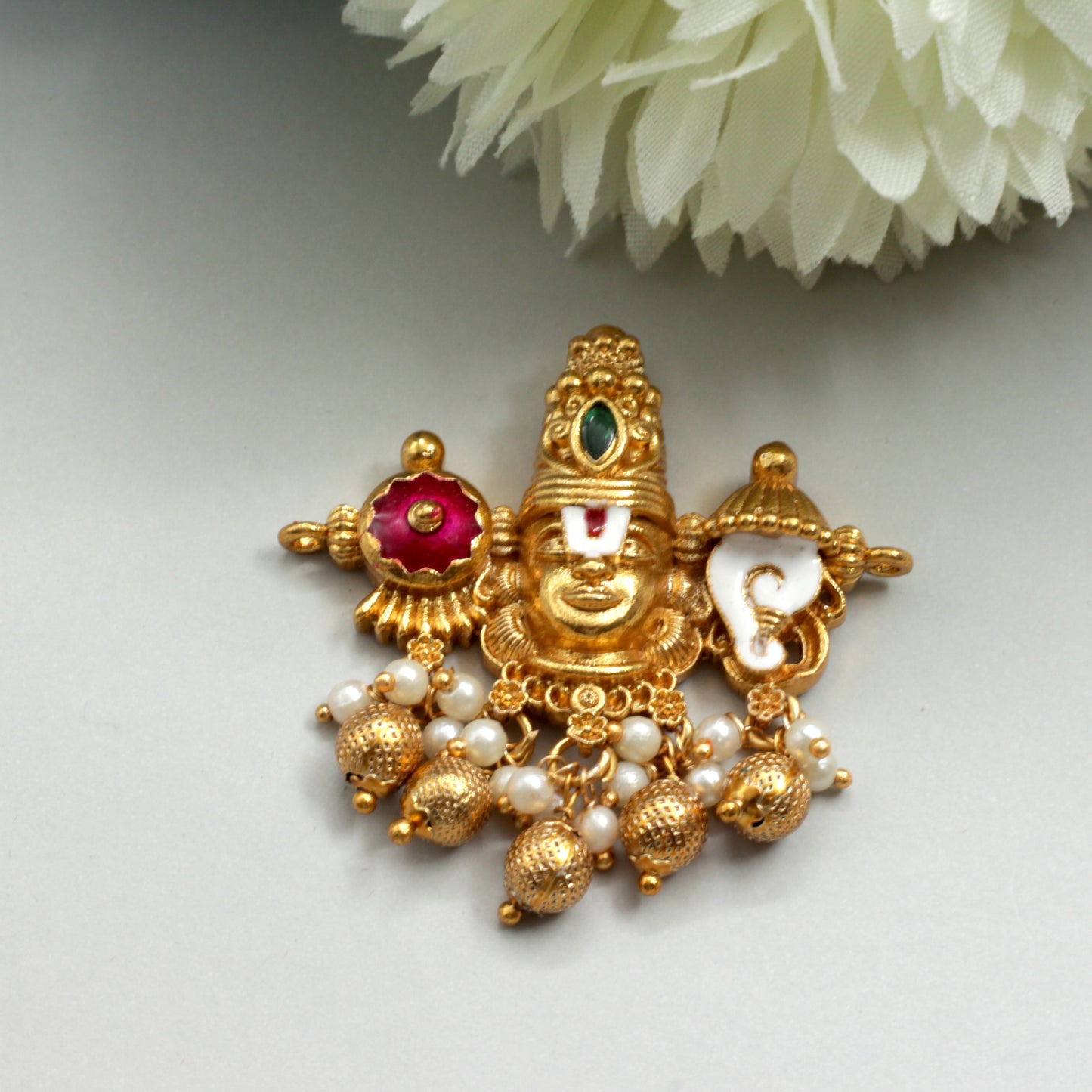 Real Gold Look Enamel Tirupathi Shankh Chaka Tanmaniya Pendant