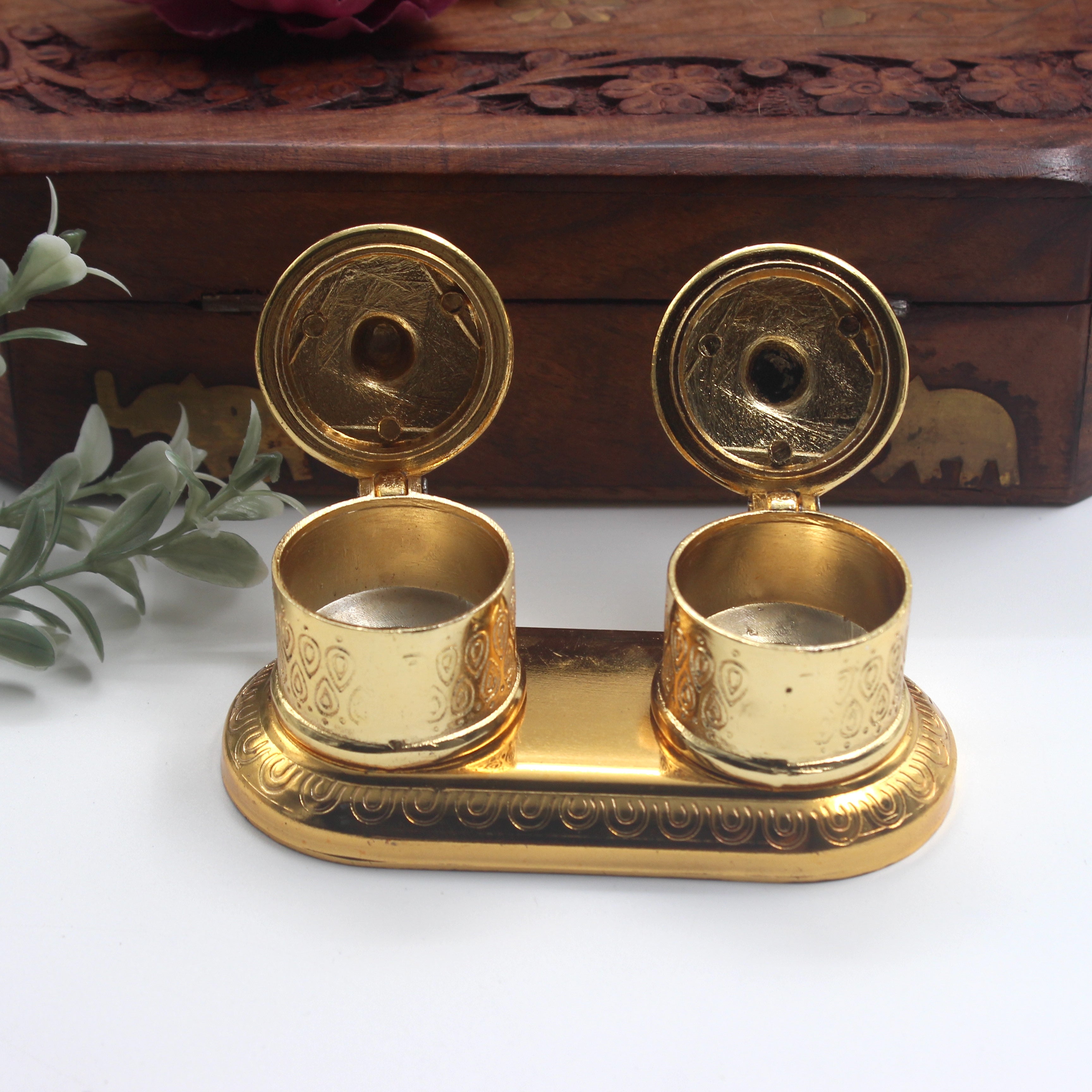 Budget Friendly 2 Cavities Metal Kumkum Box for Haldi and Kumkum