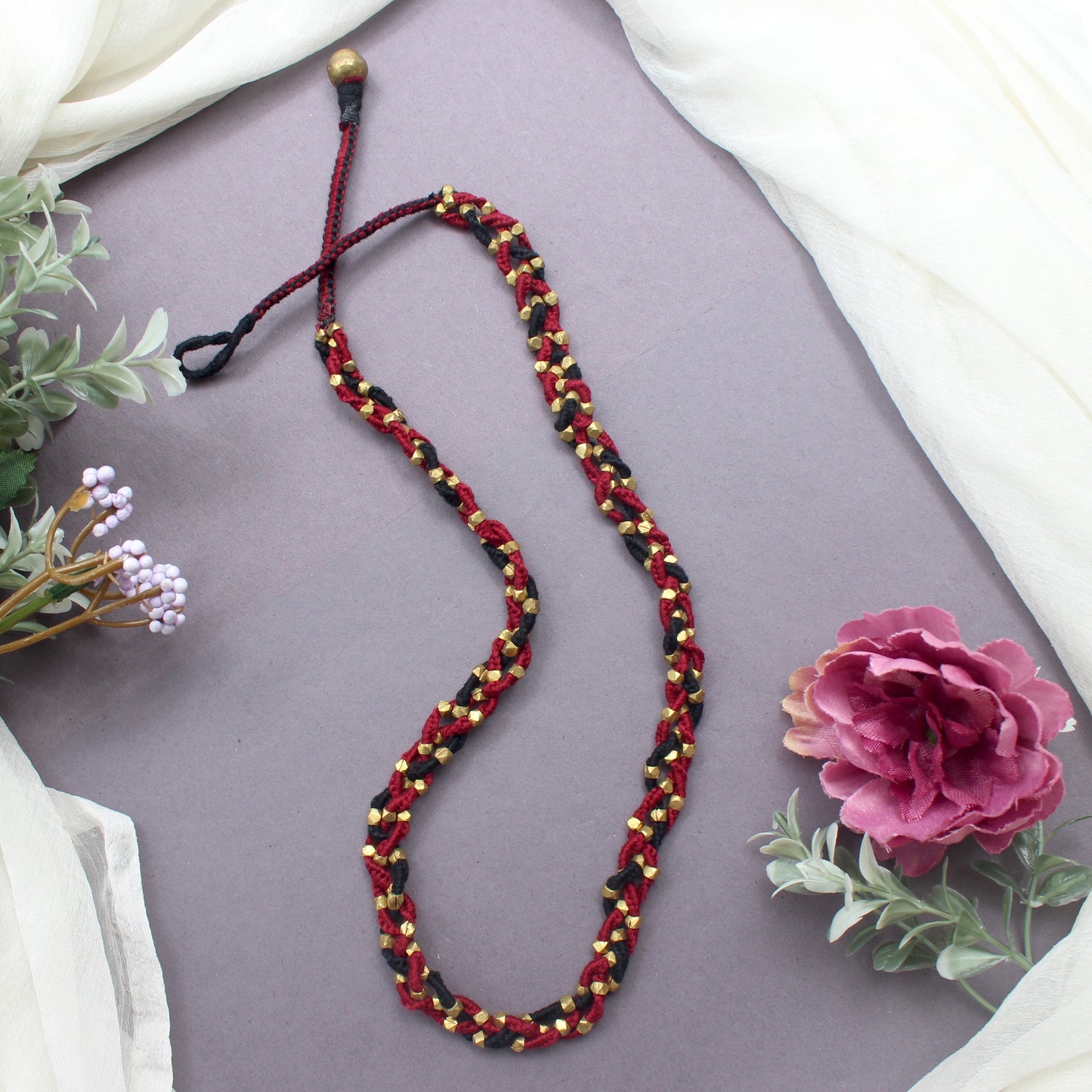 Braided Tribal Short Dhokra Necklace - Black & Maroon