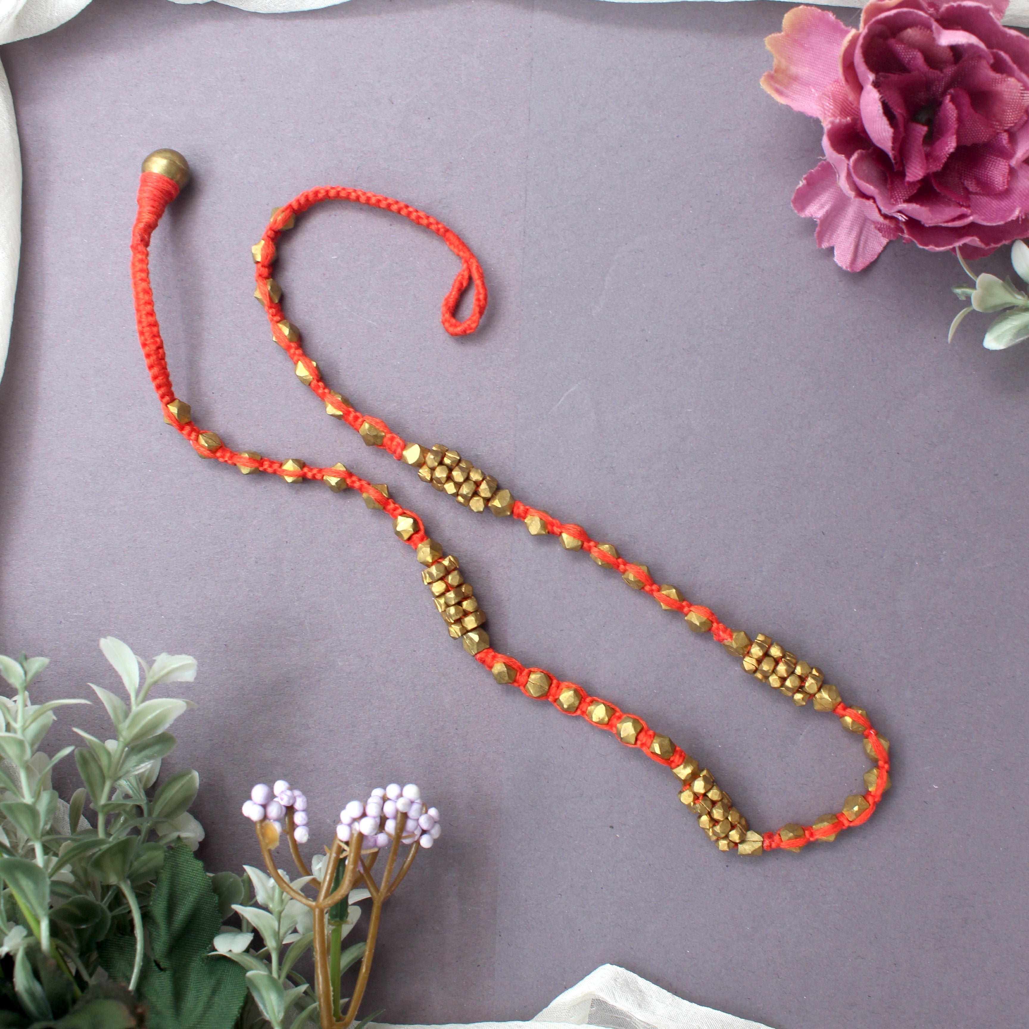 Handcrafted Short Beads Tribal Dhokra Necklace - Orange