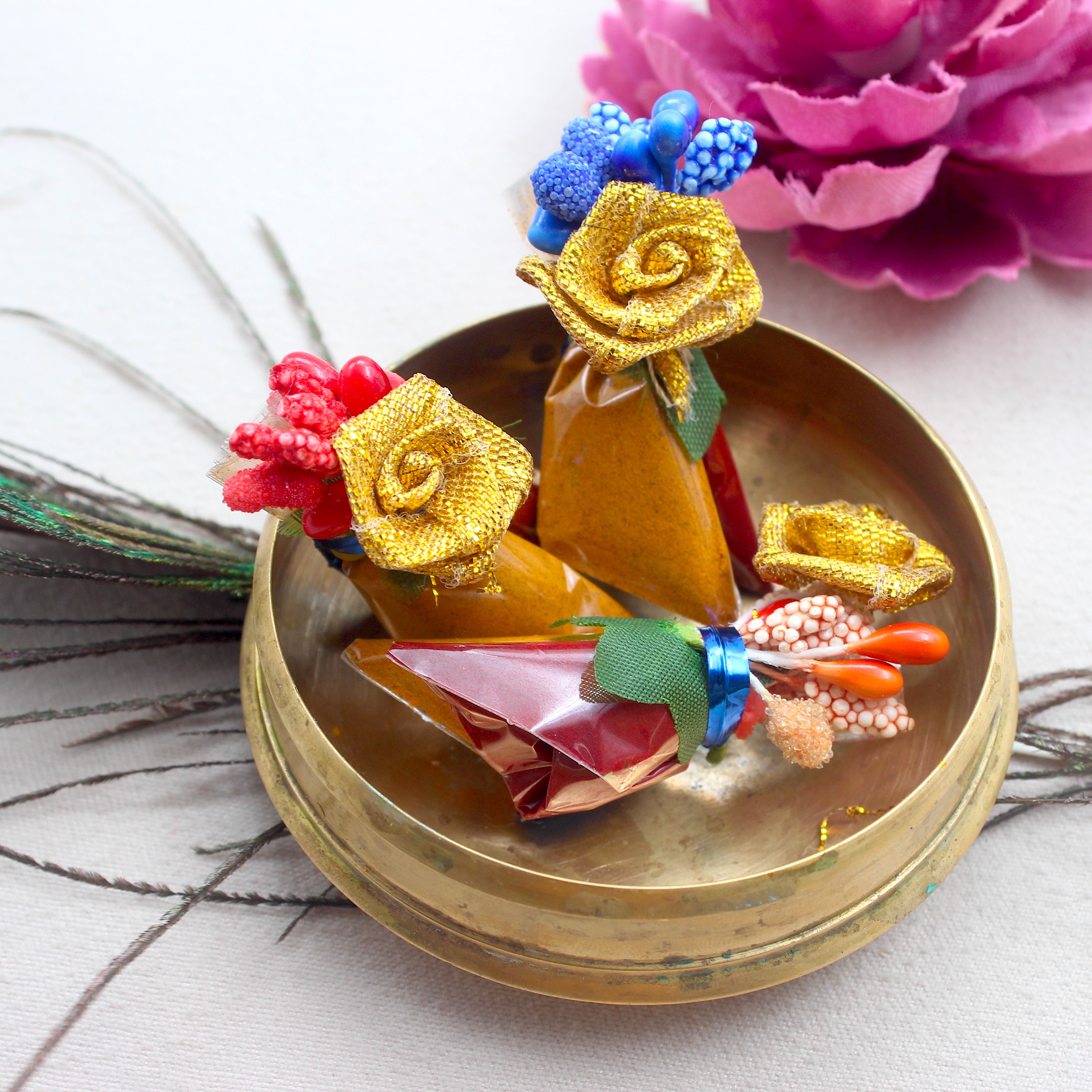 Handmade Haldi Kumkum with Rose Pollen Flowers Return Gift Packets - Made to Order