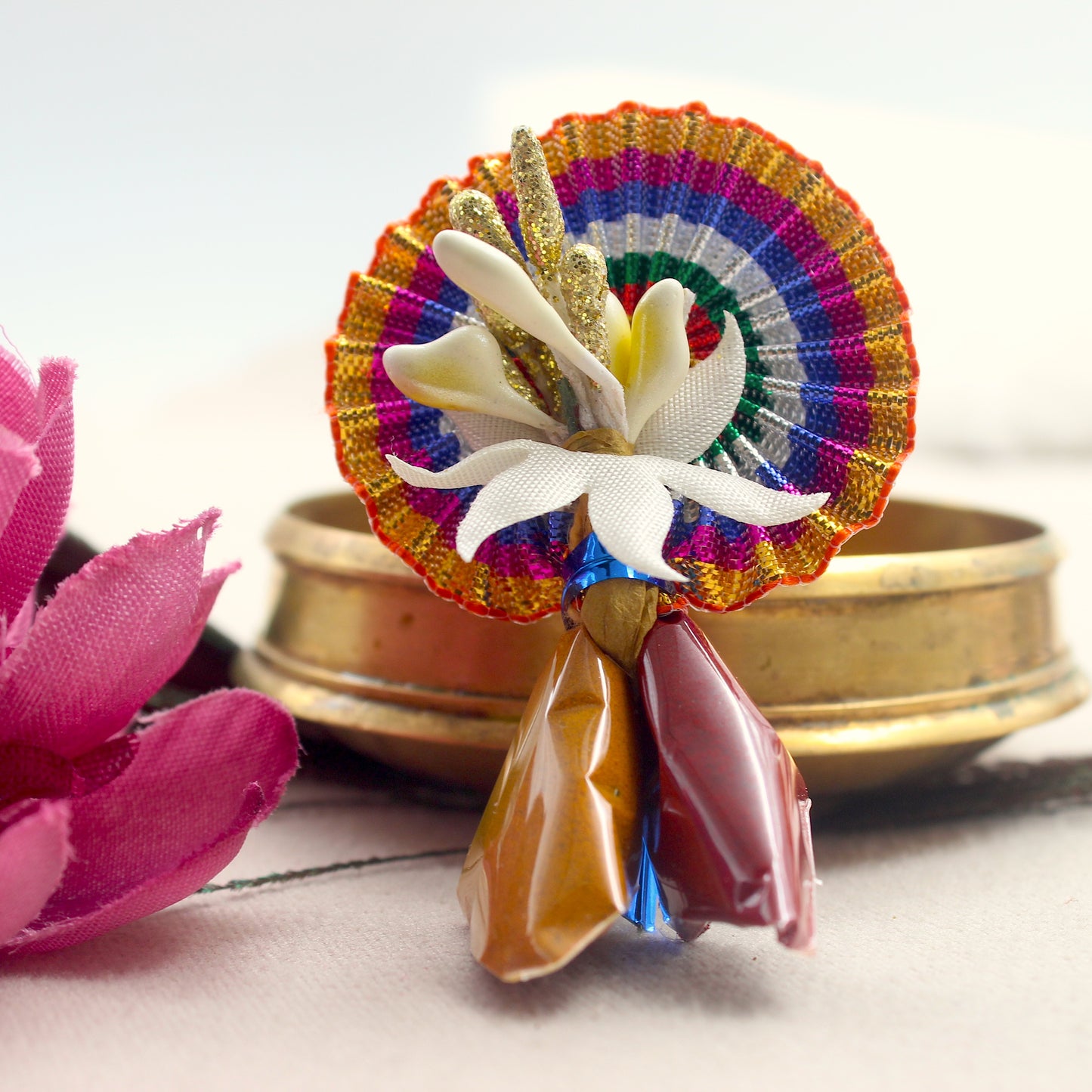 Handmade Haldi Kumkum with Fan & Pollen Flowers Return Gift Packets - Made to Order