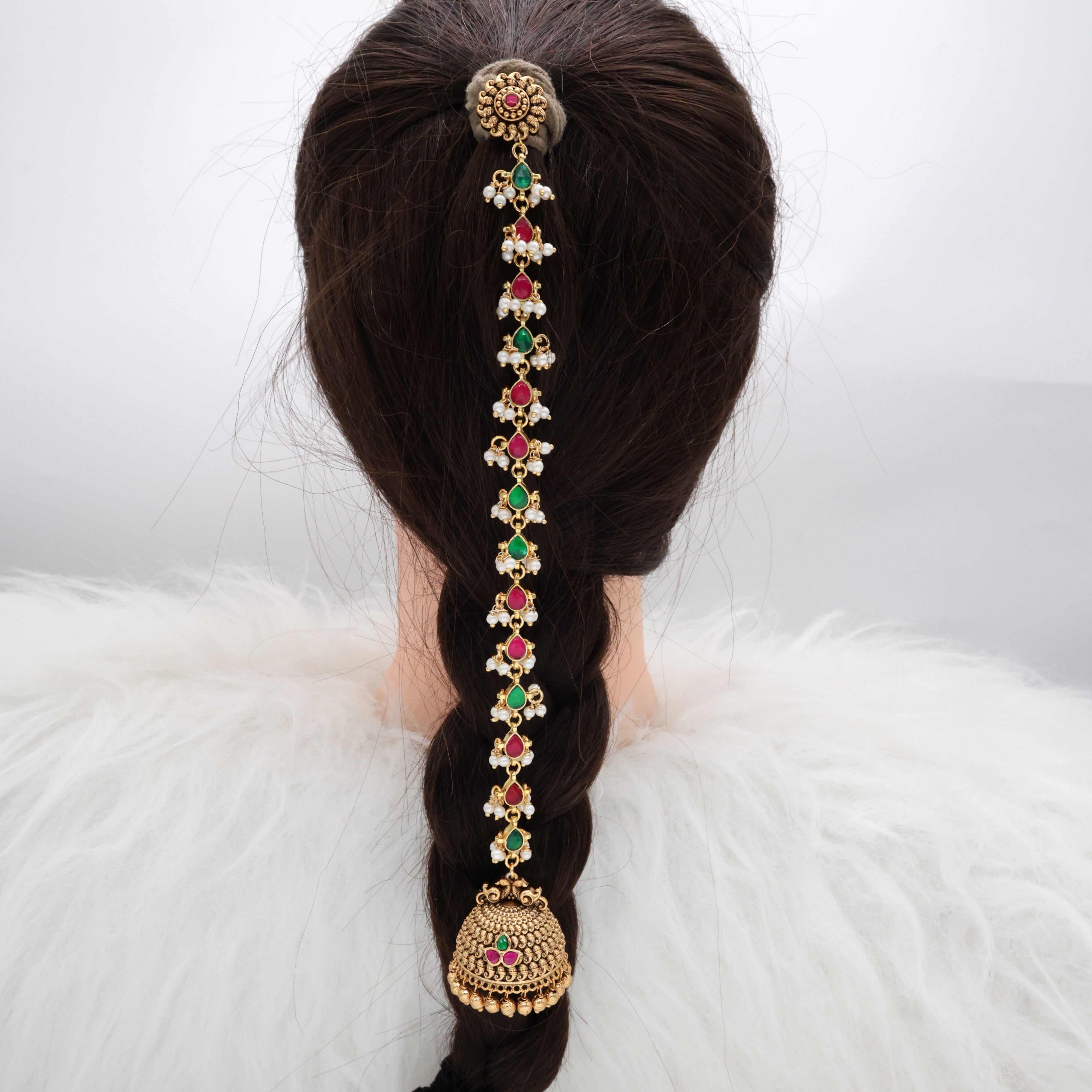Antique Jadau Kundan Sleek Medium Length Jhumka Bridal Hair Choti