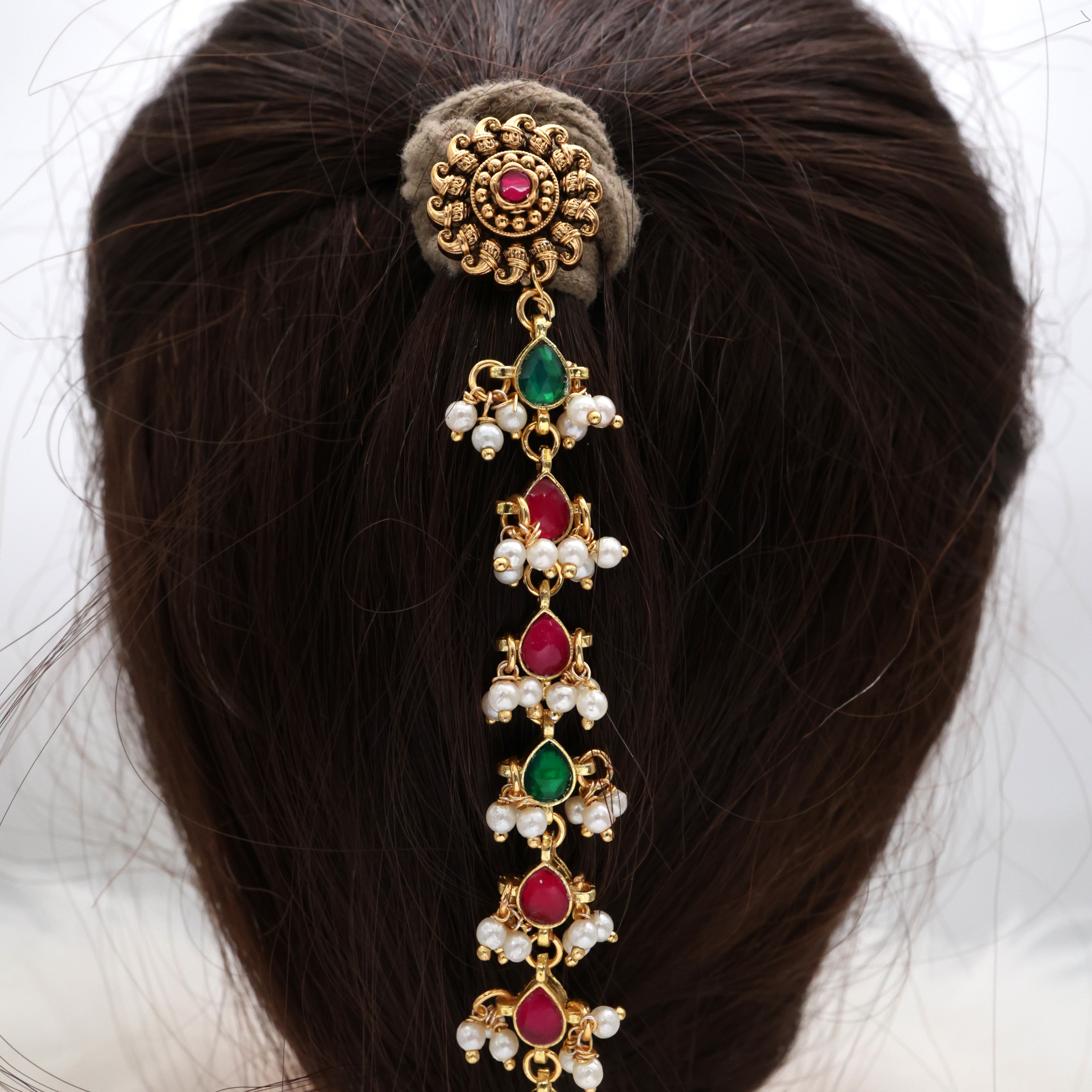 Antique Jadau Kundan Sleek Medium Length Jhumka Bridal Hair Choti