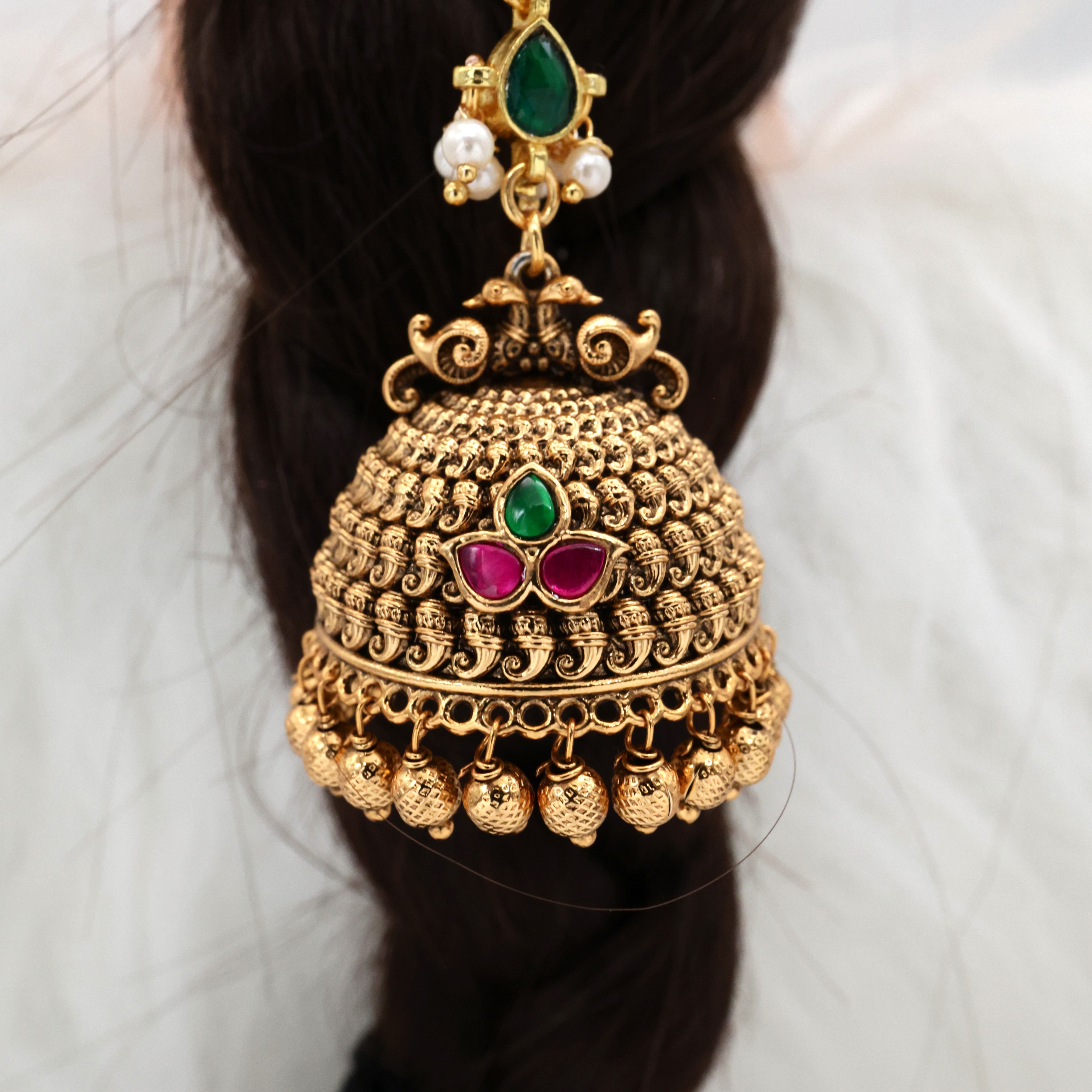 Antique Jadau Kundan Sleek Medium Length Jhumka Bridal Hair Choti