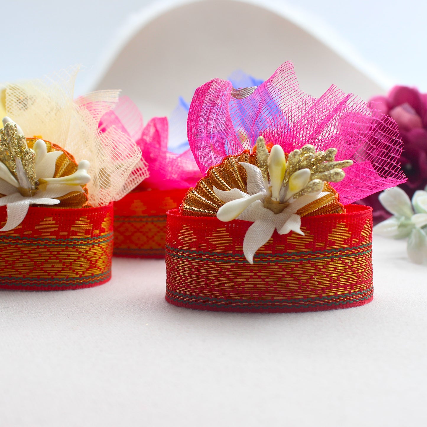 Handmade Haldi Kumkum Zari Box Set with Pollen Flowers Return Gift Pack - Made to Order