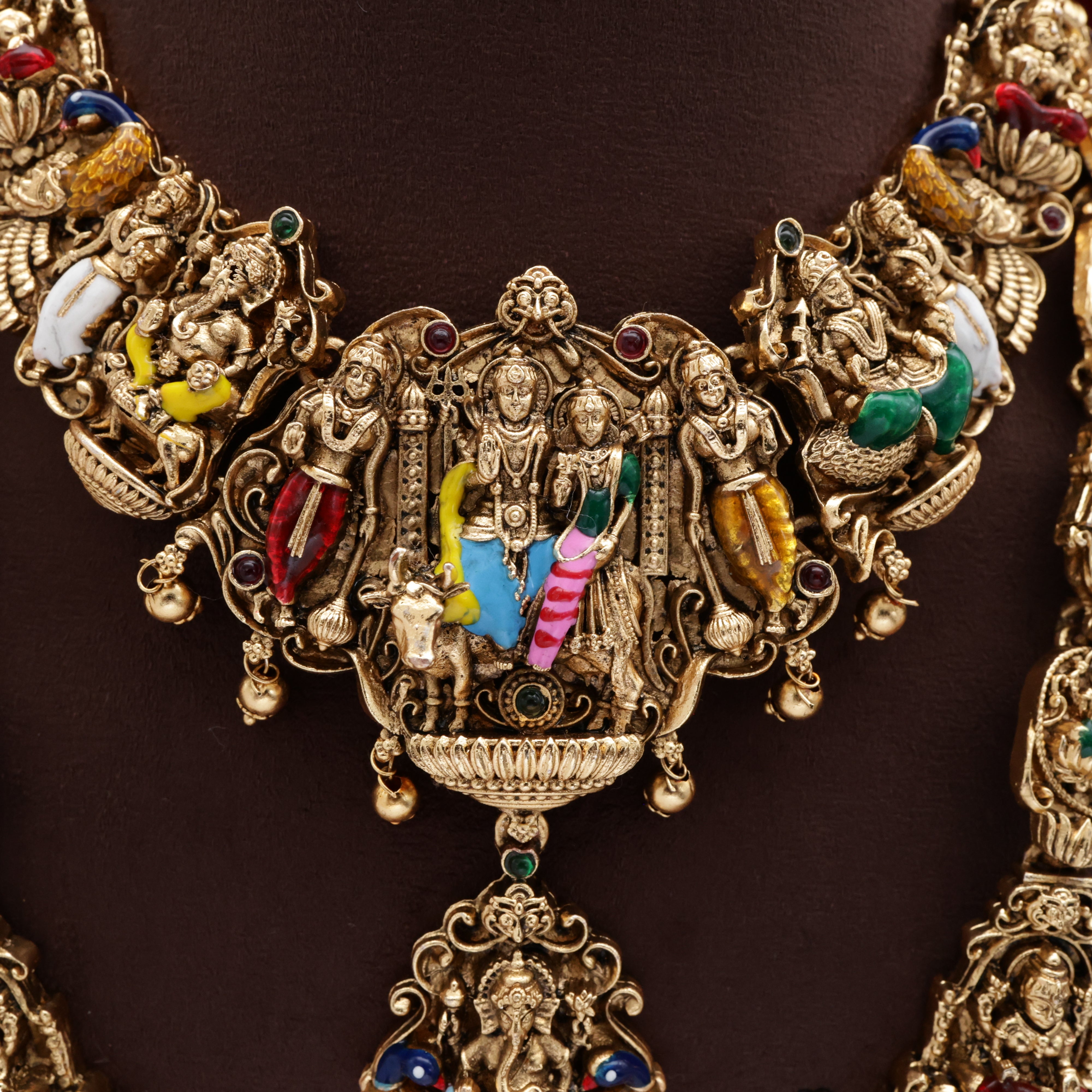Antique Nagas Meenakari Work Shiv Parvati Family Bridal Haaram Necklace Combo Set