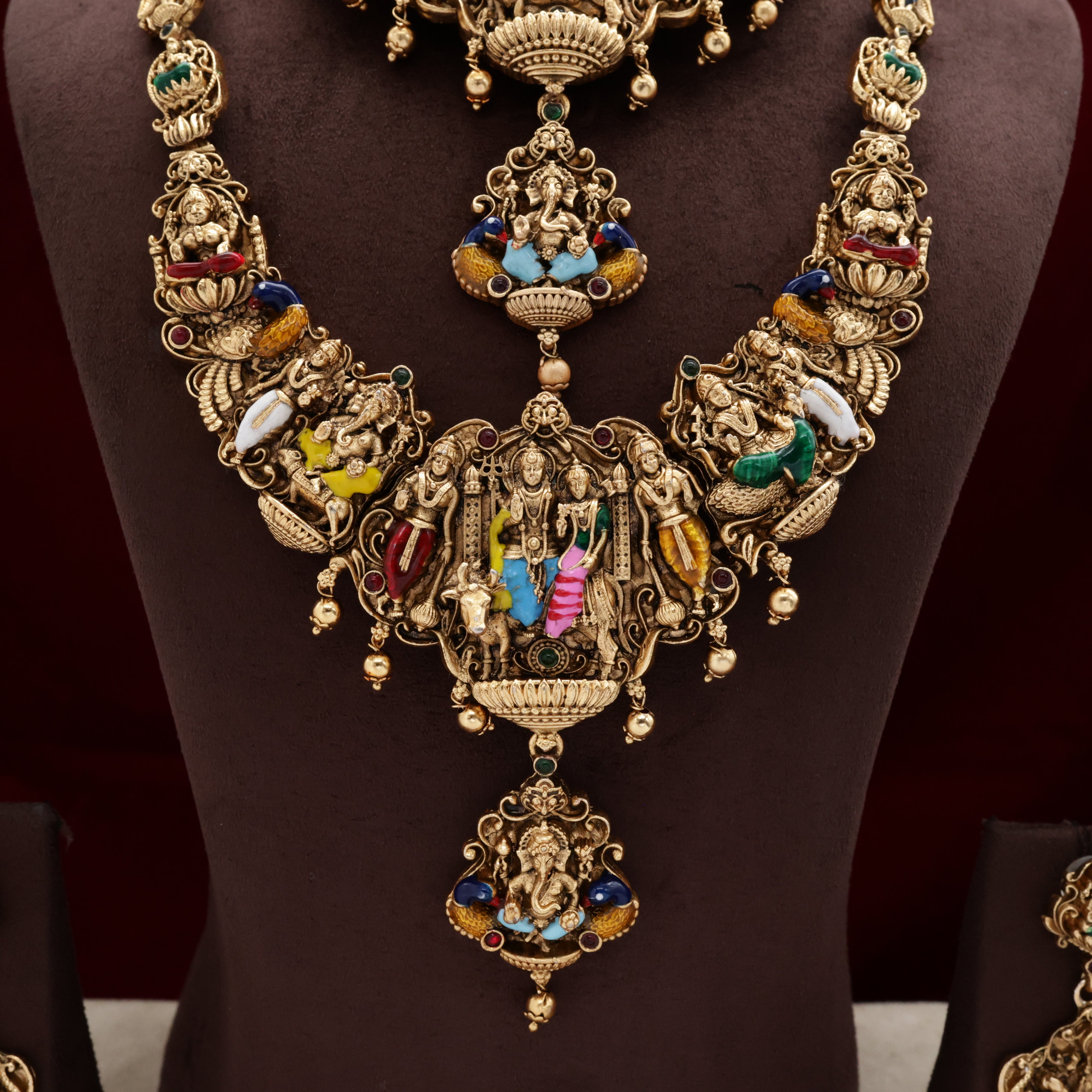 Antique Nagas Meenakari Work Shiv Parvati Family Bridal Haaram Necklace Combo Set