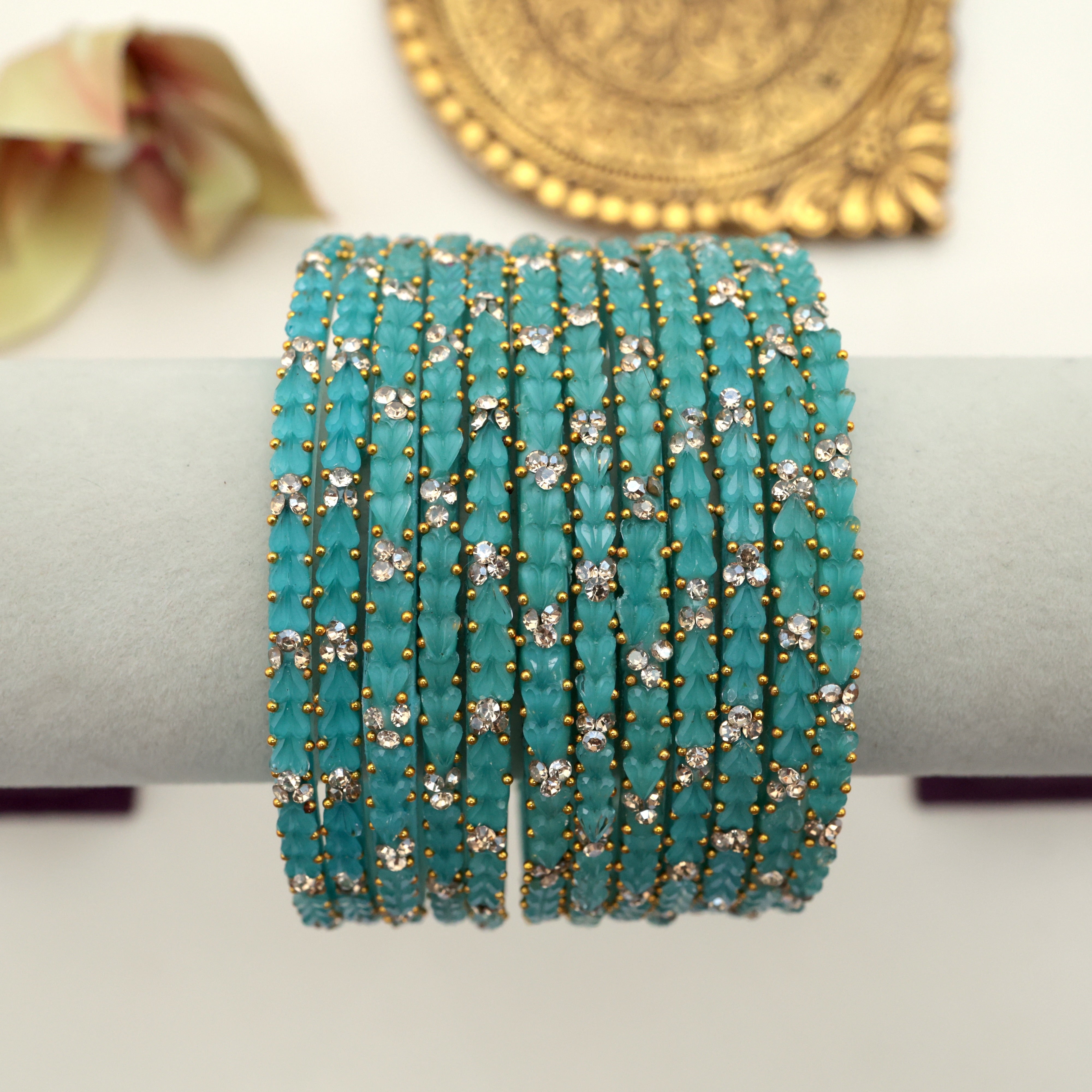 PREMIUM 3 HEART DROPS STONE WORK GLASS BANGLES - SKY BLUE