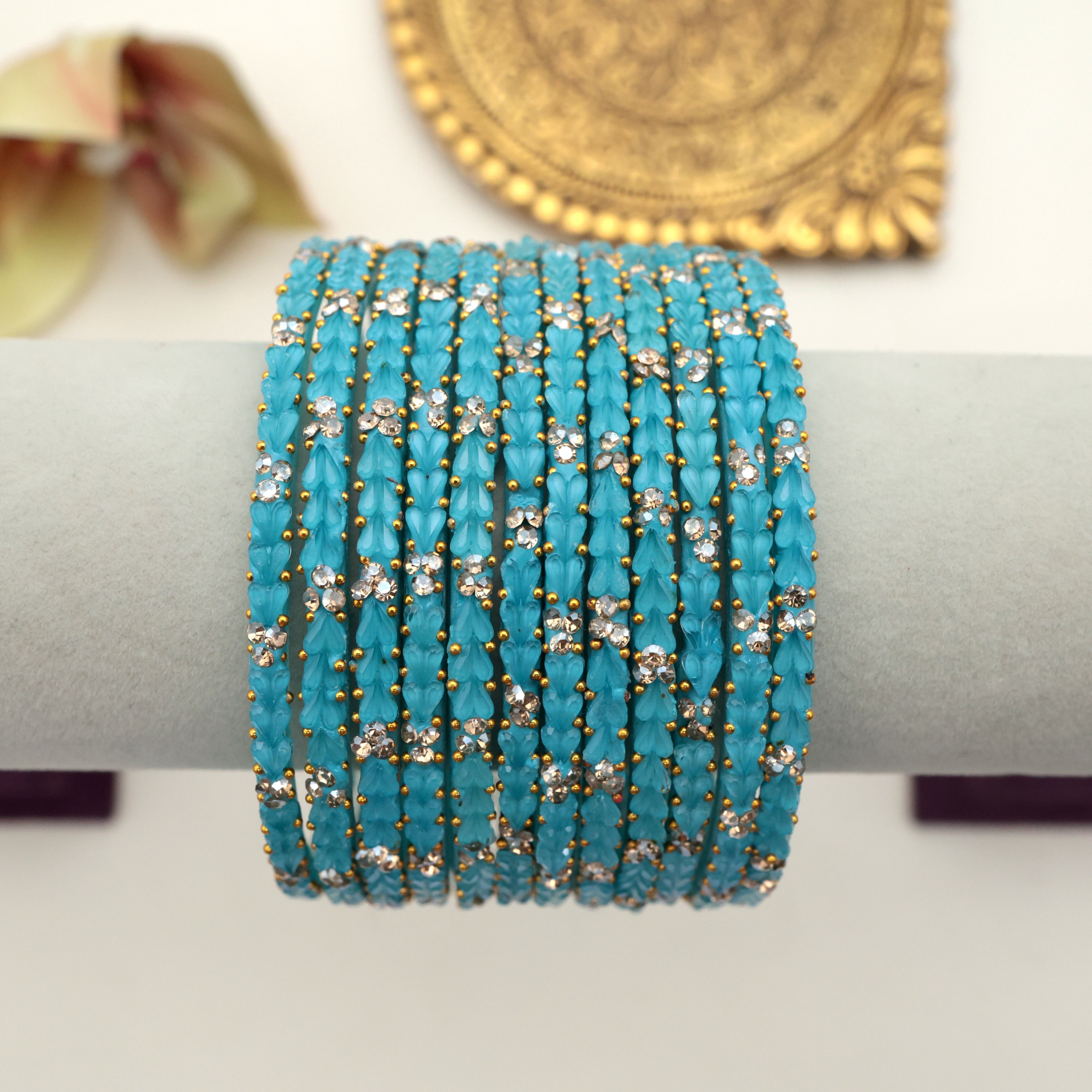 Premium 3 Heart Drops Stone Work Glass Bangles - Light Blue