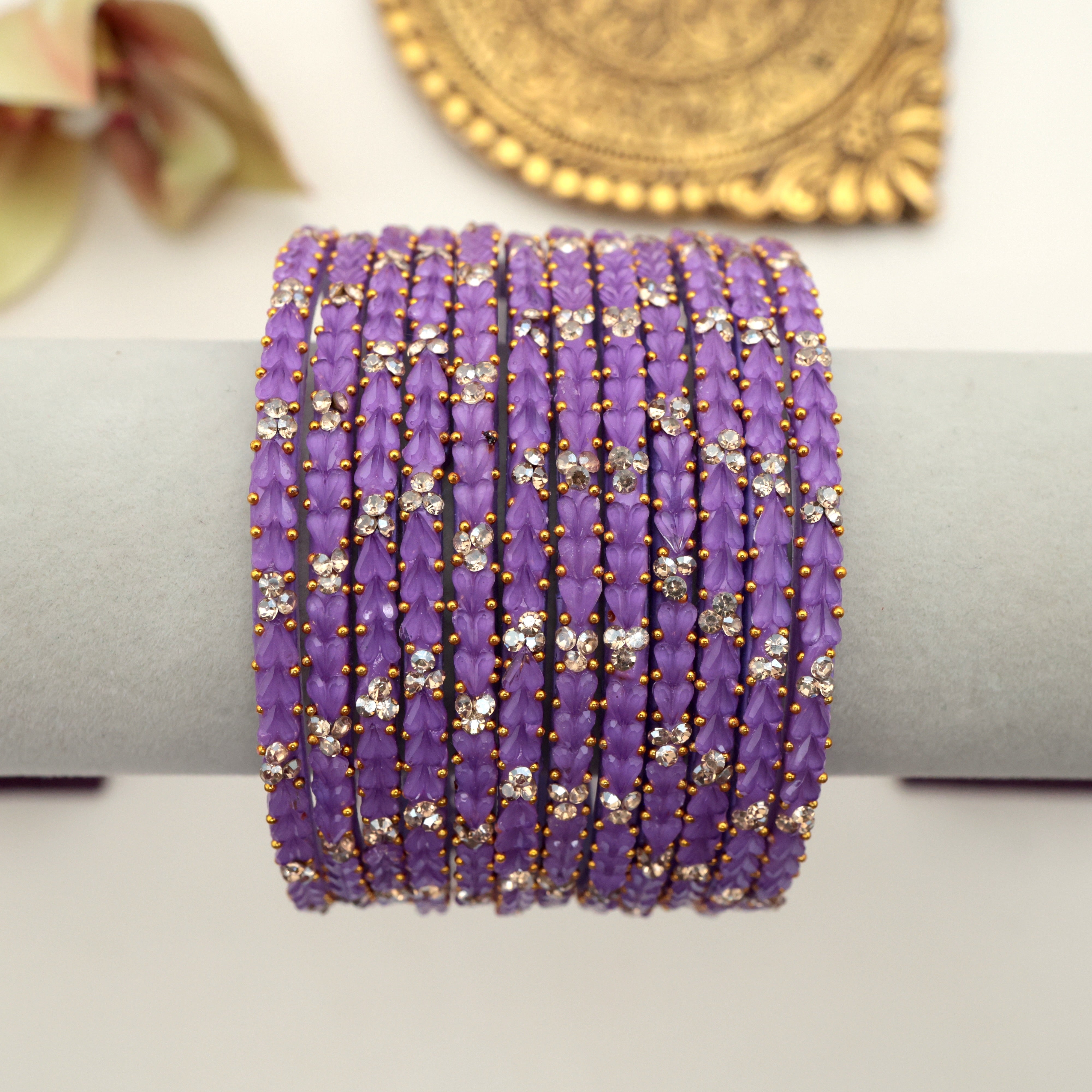 PREMIUM 3 HEART DROPS STONE WORK GLASS BANGLES - LAVENDAR (ONE DOZEN)