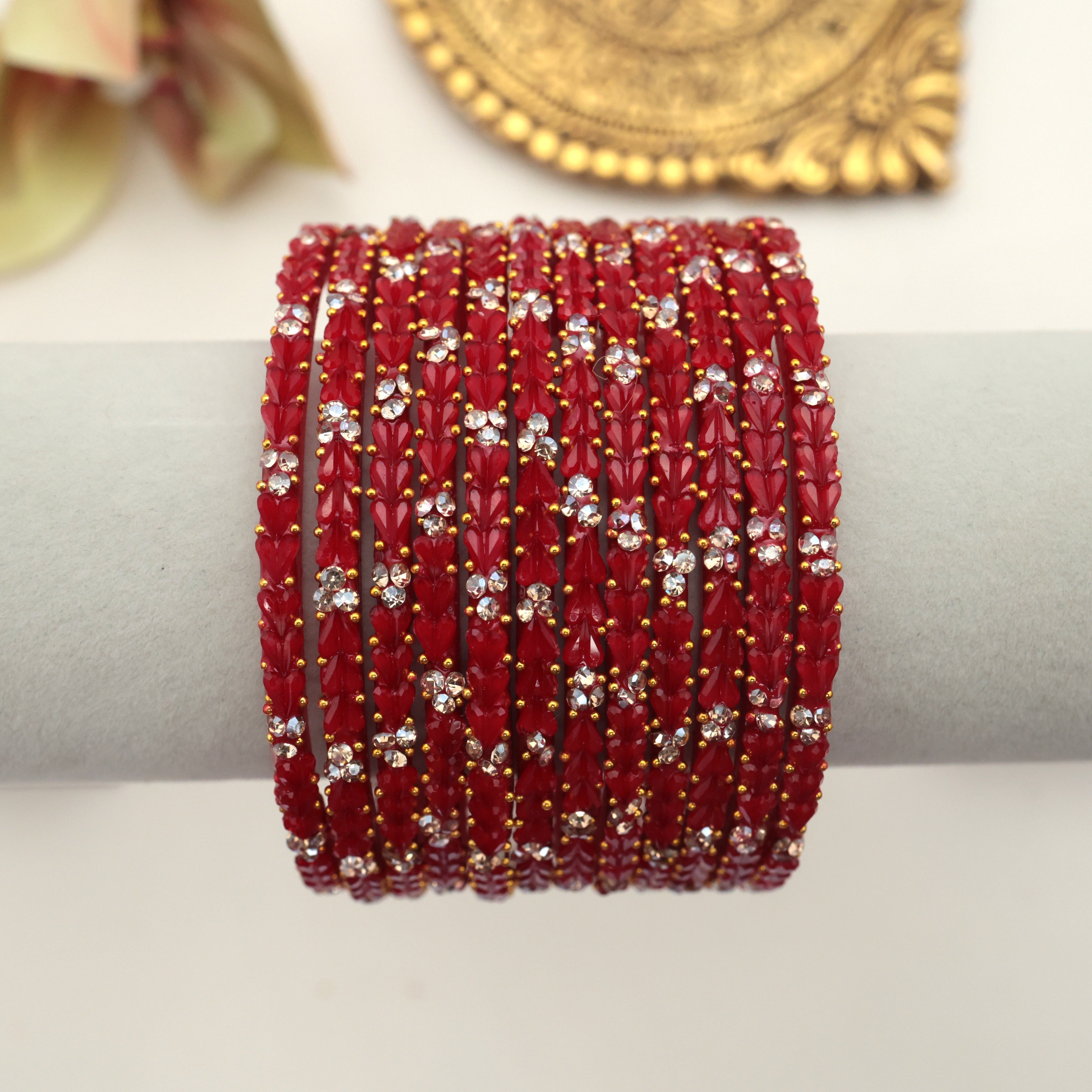 PREMIUM 3 HEART DROPS STONE WORK GLASS BANGLES - RED