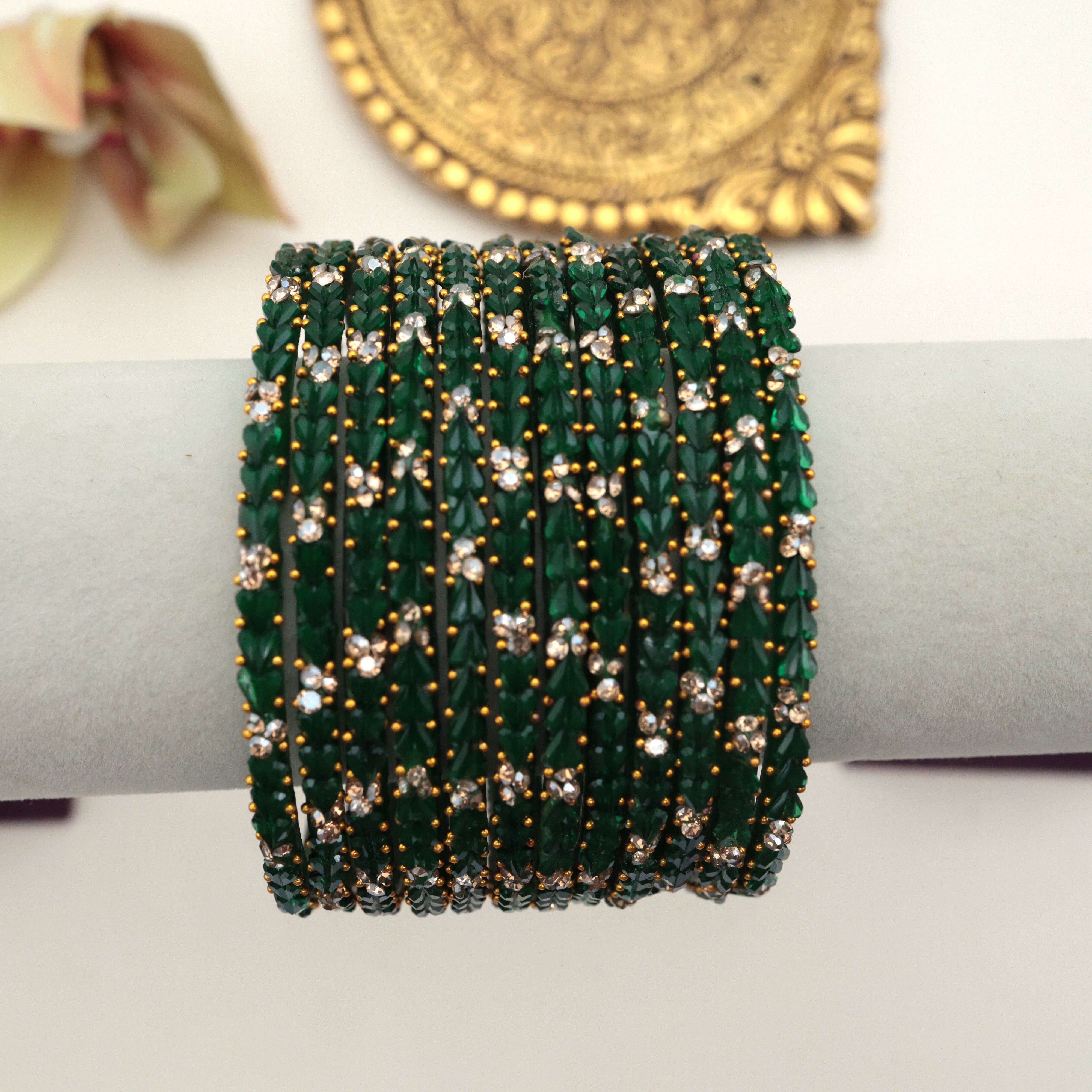 PREMIUM 3 HEART DROPS STONE WORK GLASS BANGLES - DARK GREEN (ONE DOZEN)