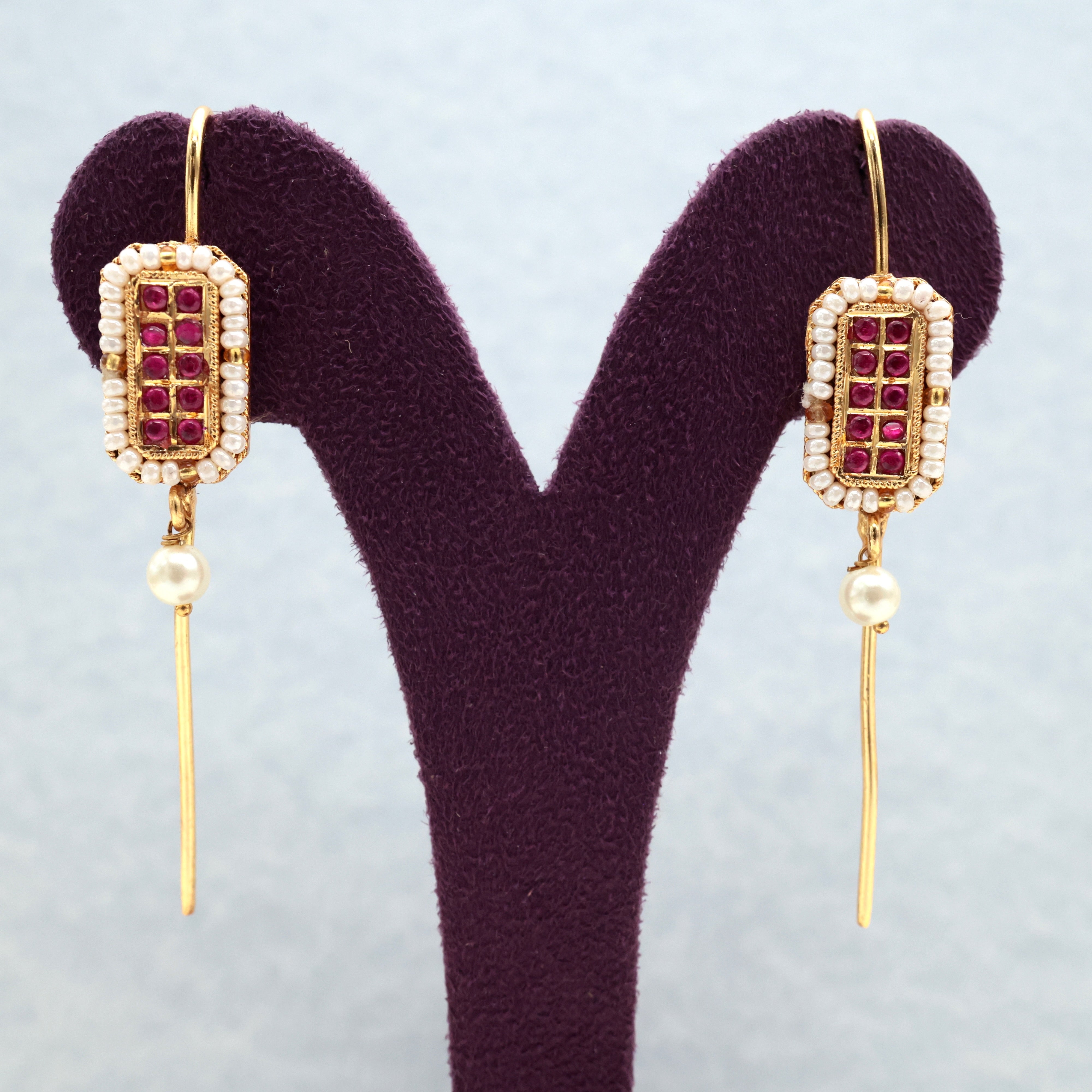 Premium Jadau Kundan Rectangle Pearl Outline Needle Earcuff Earrings - Ruby