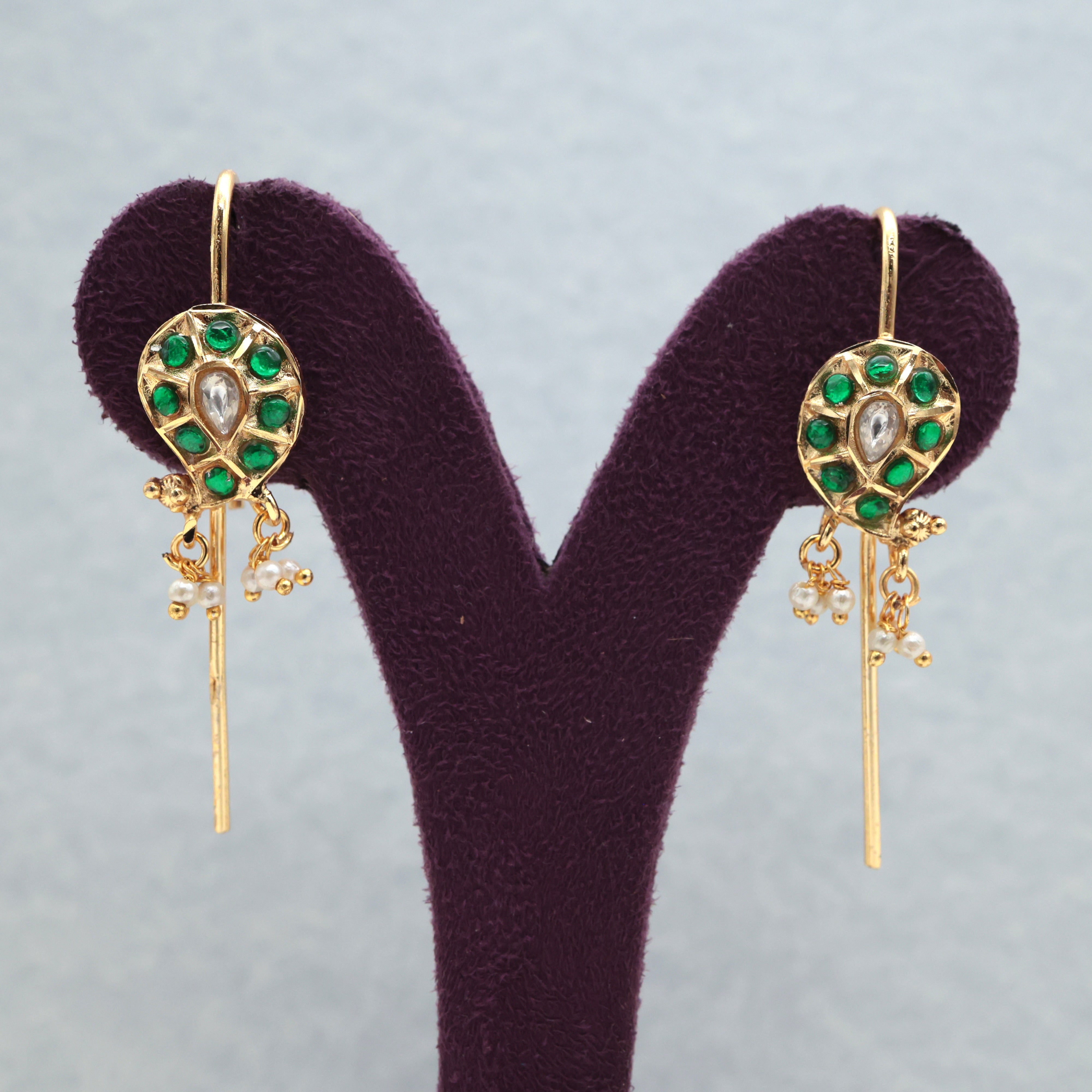 PREMIUM JADAU KUNDAN MANGO NEEDLE EARCUFF EARRINGS - GREEN