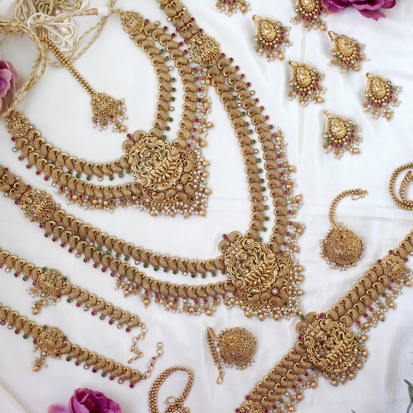 Premium Antique Gold Nagas Mahalakshmi Two Layer Kemp Full Bridal Set