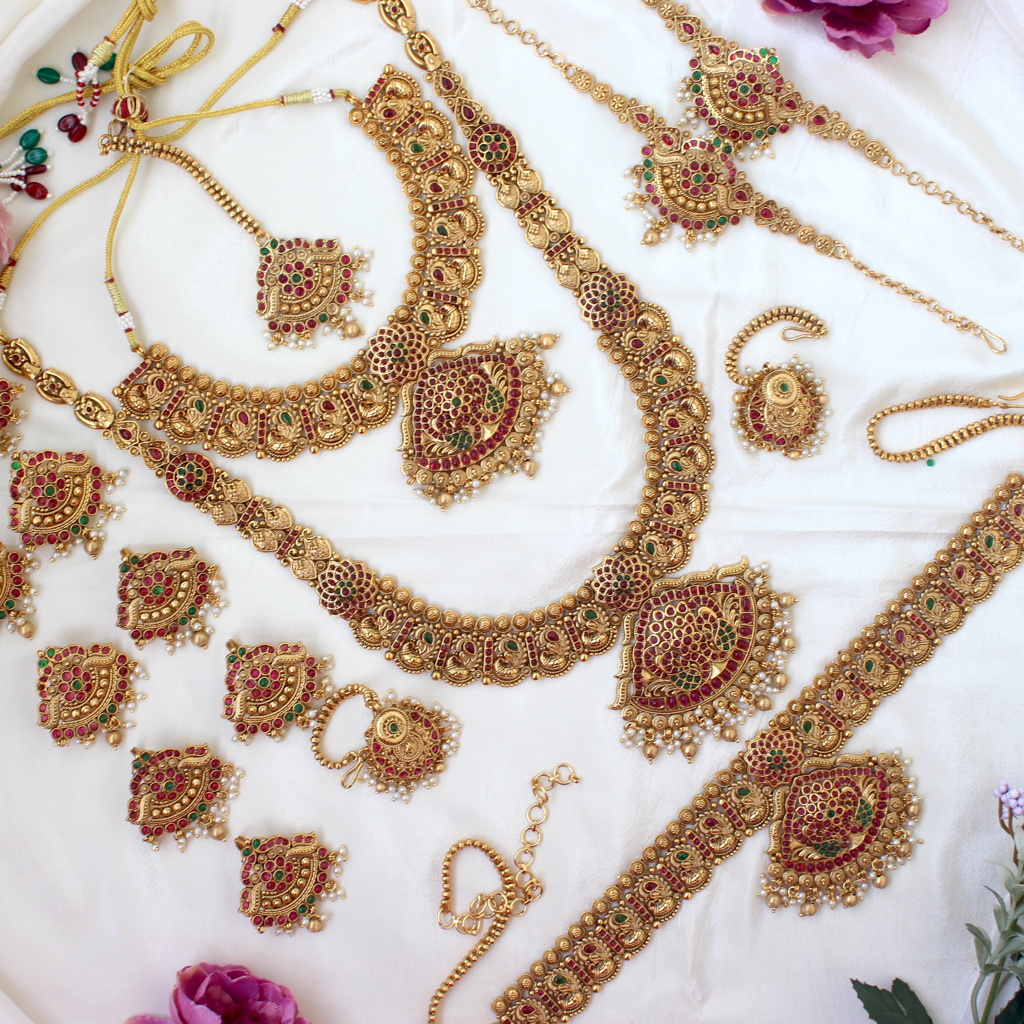 Premium Antique Gold Nagas Peacock Kemp Full Bridal Set