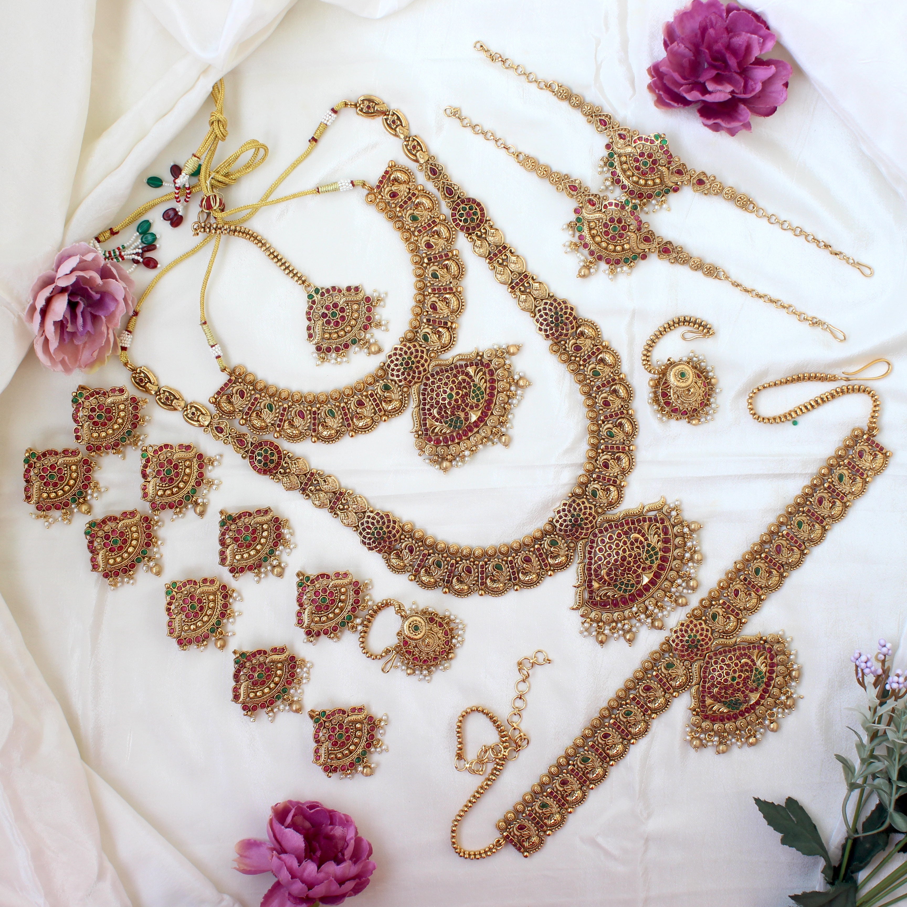 Premium Antique Gold Nagas Peacock Kemp Full Bridal Set