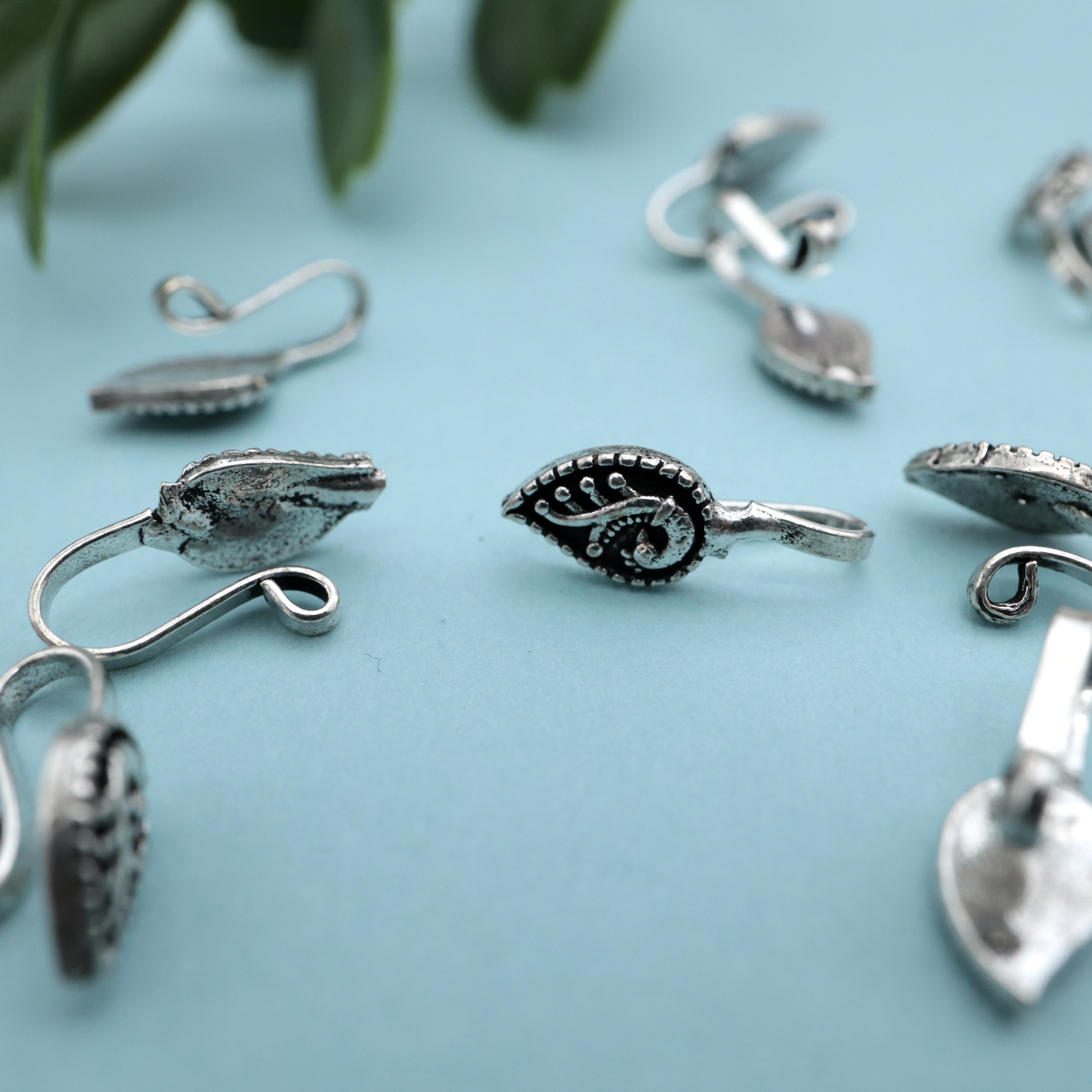 GERMAN SILVER OXIDISED TILAK PEACOCK CLIP ON NOSEPIN - GERMAN SILVER NOSE PINS FOR NON-PIERCED NOSE