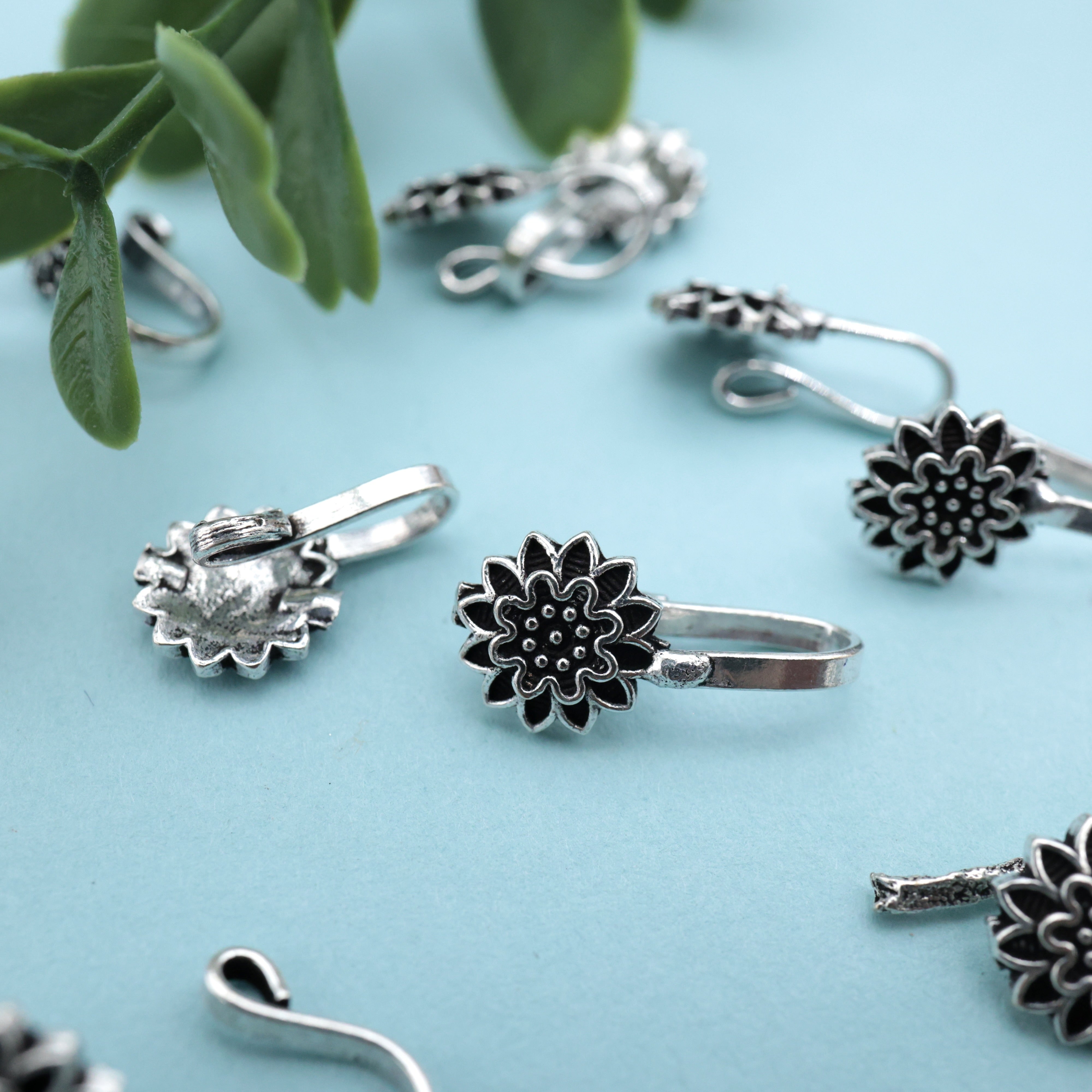 GERMAN SILVER OXIDISED SUNFLOWER CLIP ON NOSEPIN - GERMAN SILVER NOSE PINS FOR NON-PIERCED NOSE