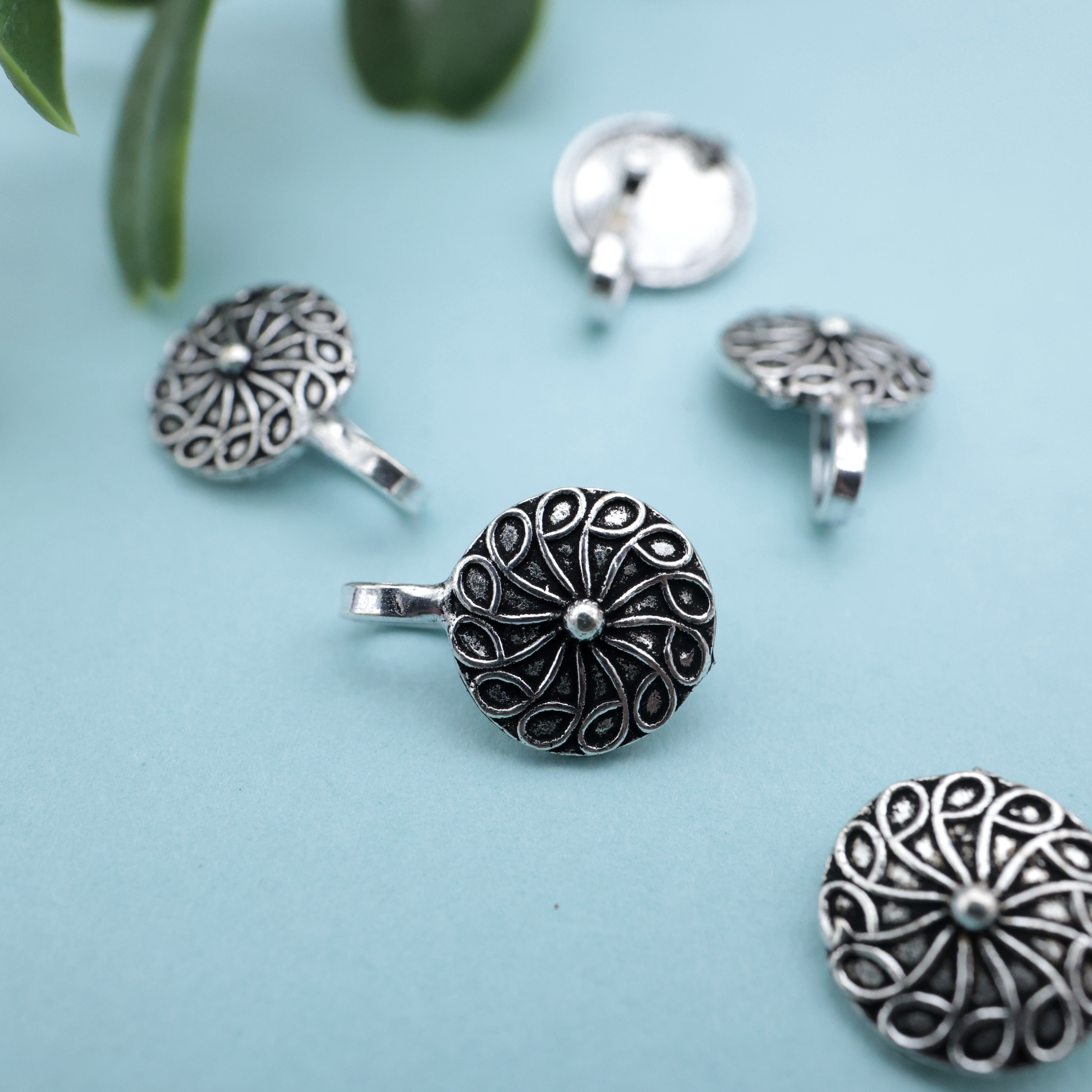 GERMAN SILVER OXIDISED BLOOMED FLOWER CLIP ON NOSEPIN - GERMAN SILVER NOSE PINS FOR NON-PIERCED NOSE