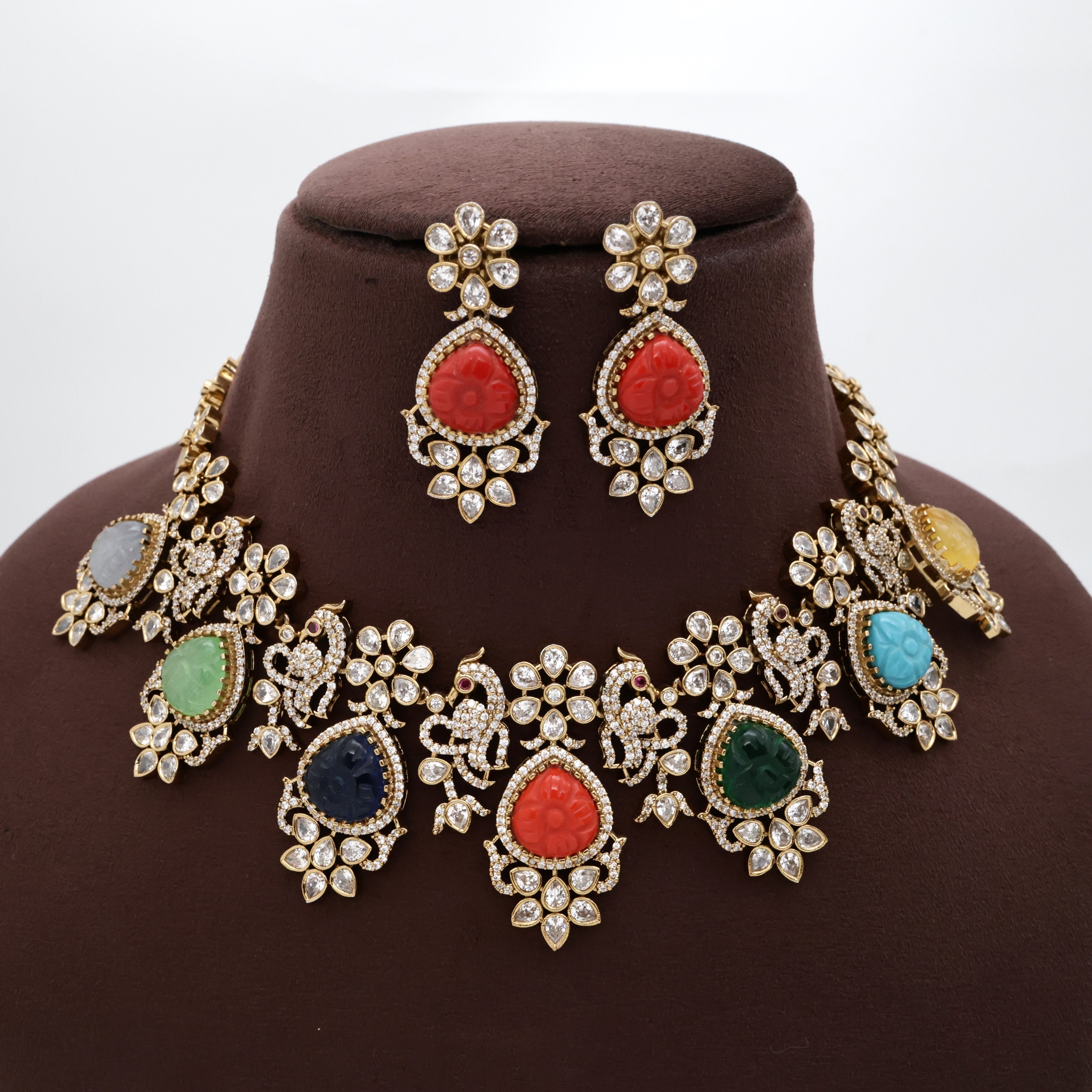 Premium Diamond Look Carved Stone Multicolour Bridal Necklace Set