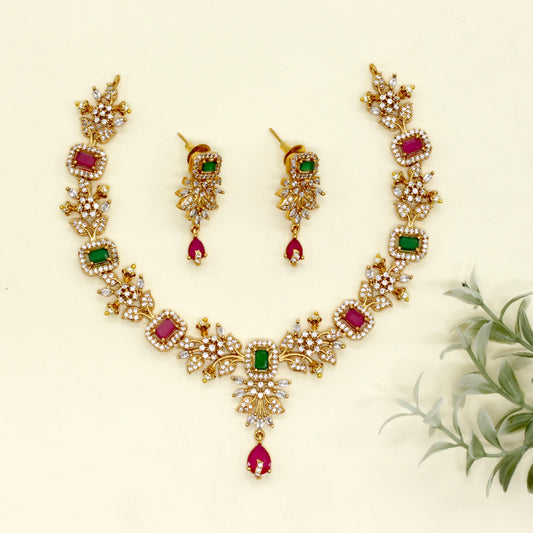 Diamond Look Alike Rectangle Stone Flower Bridal Necklace Set - Ruby & Green