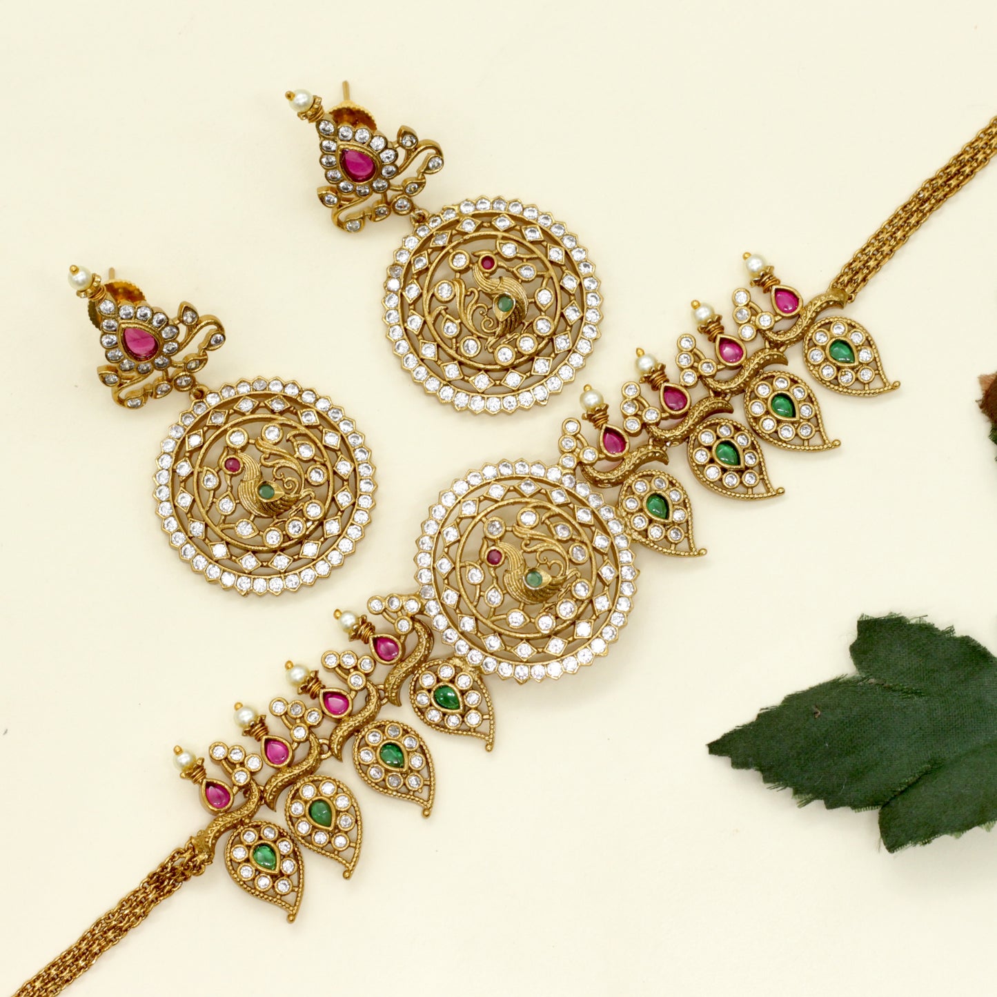 Antique AD Peacock Mango Leaf Choker Set