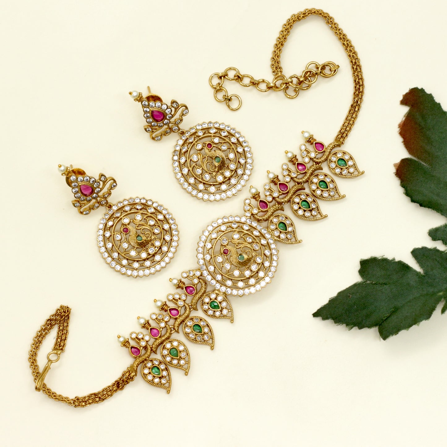 Antique AD Peacock Mango Leaf Choker Set