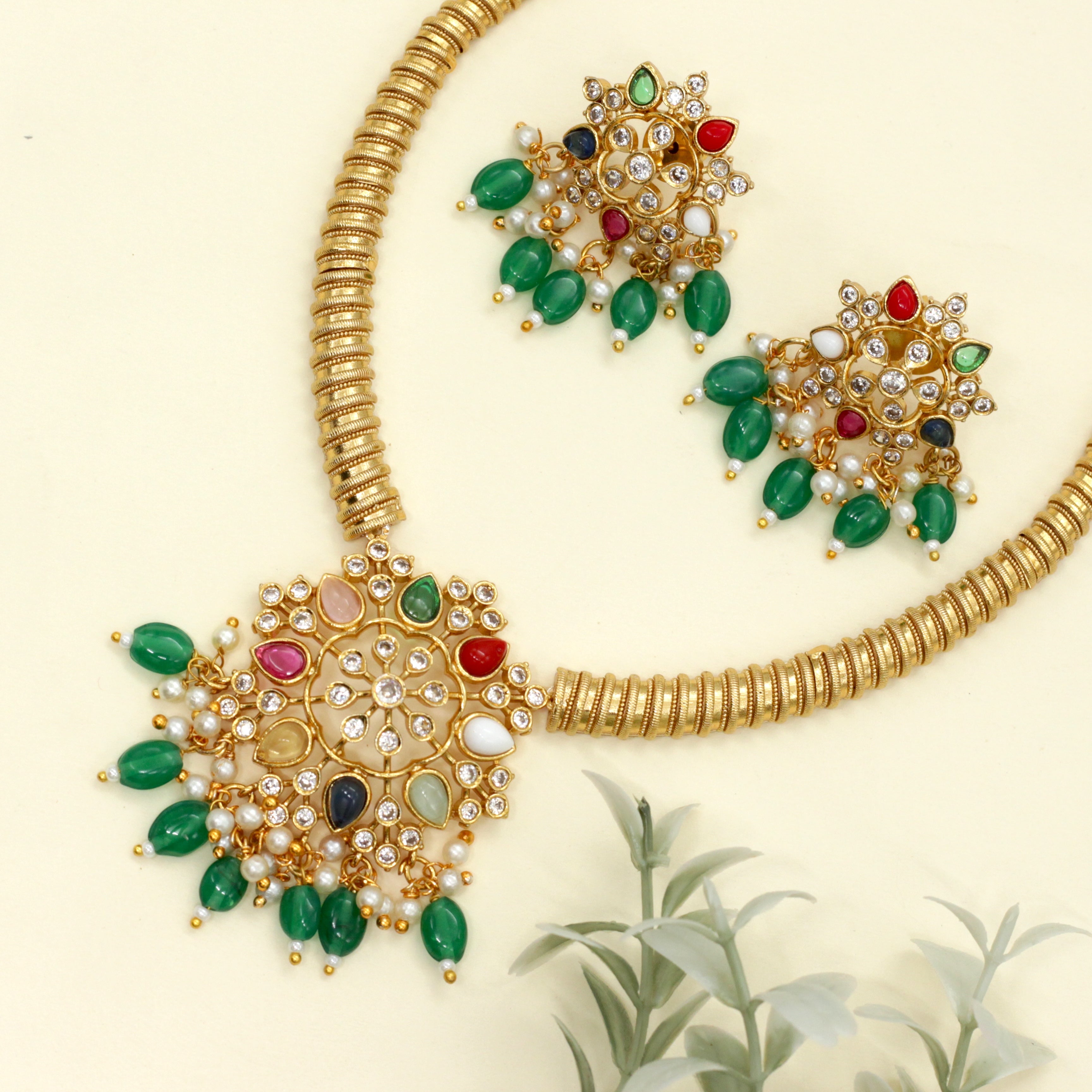 Multi Colour Stone AD Flower Pendant Hasli Necklace Set