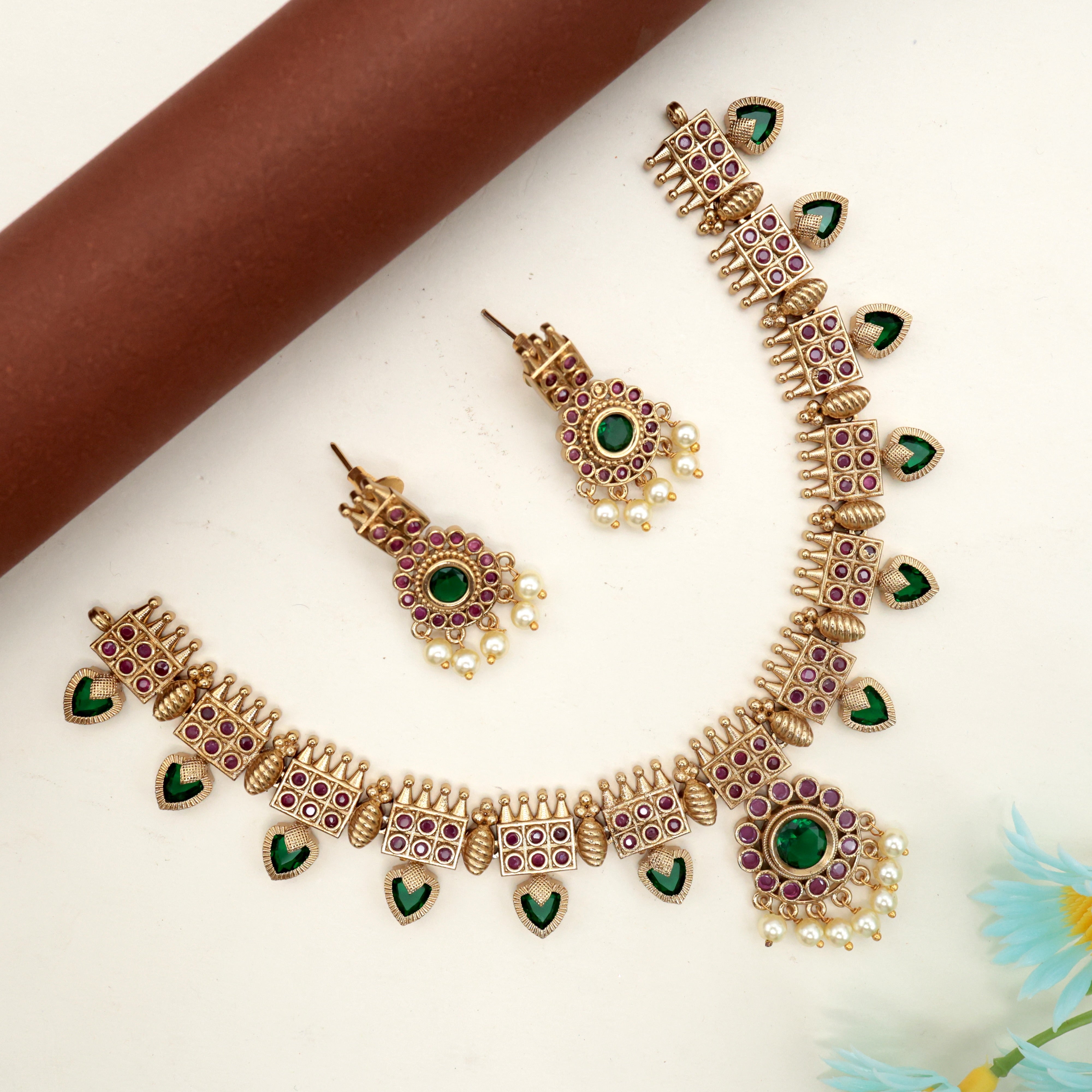 Antique Gold AD Palakka Bridal Necklace Set