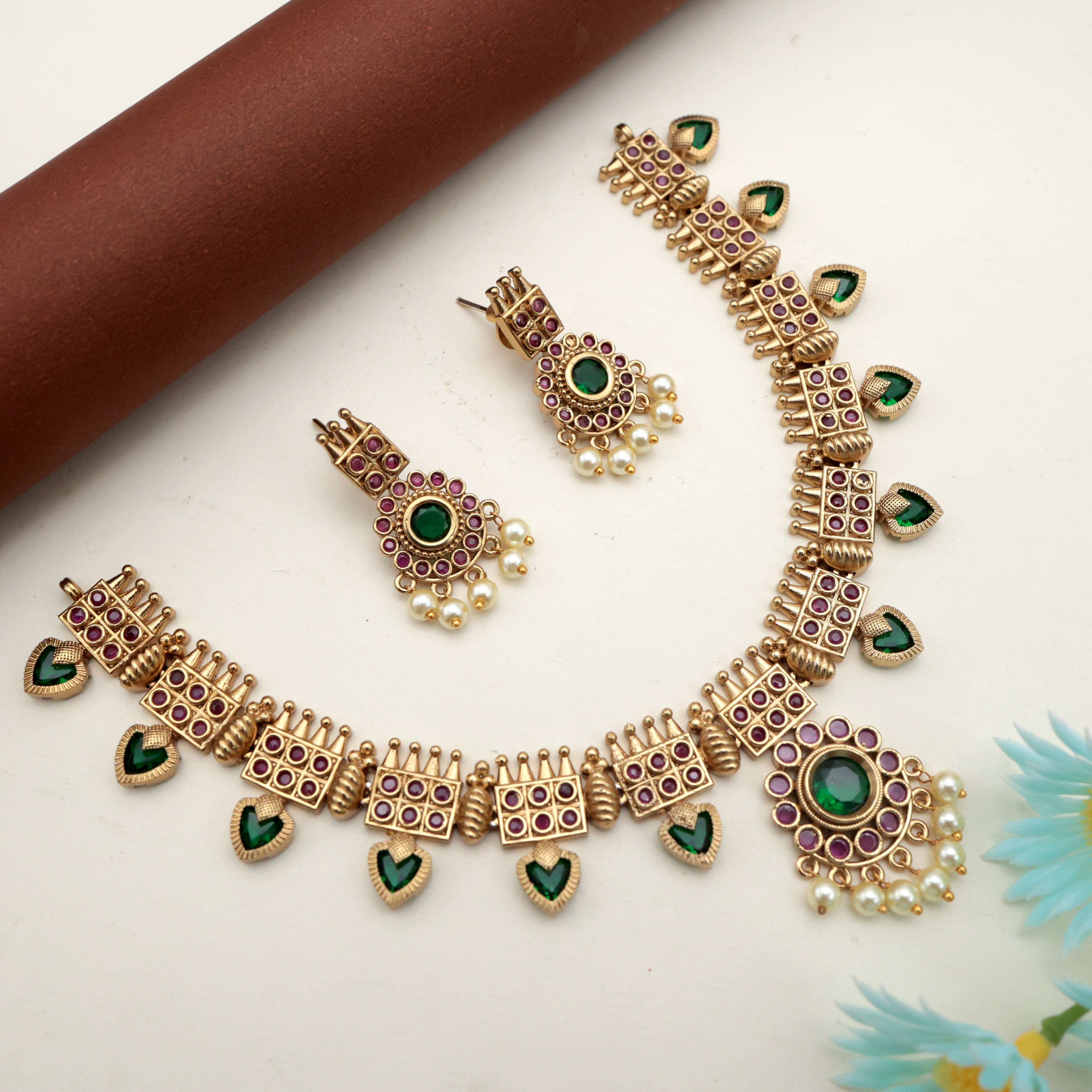Antique Gold AD Palakka Bridal Necklace Set